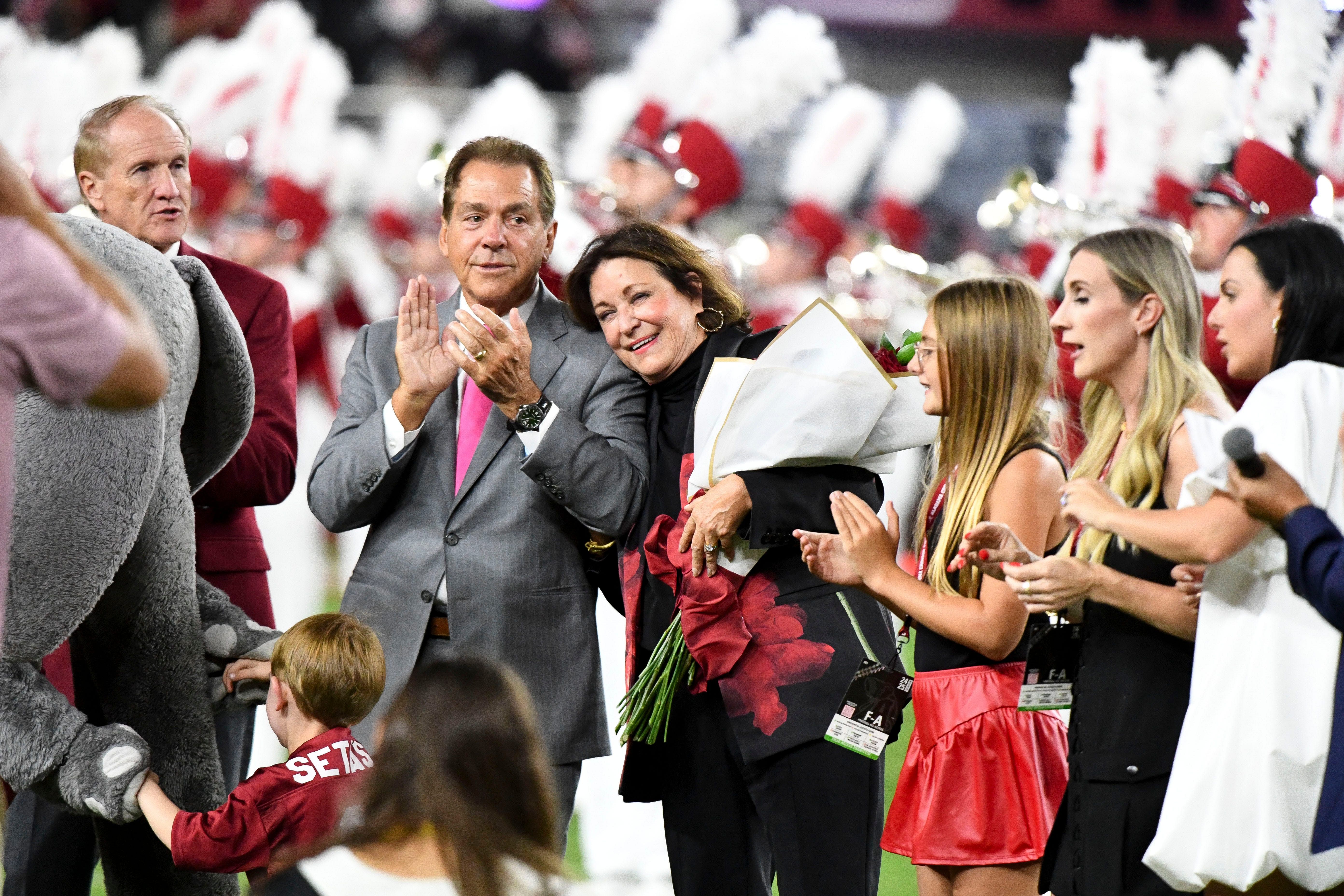 Nick Saban and family are honored a half time with the renaming of the playing surface as Nick Saban Filed at Bryant-Denny Stadium - Source: Imagn