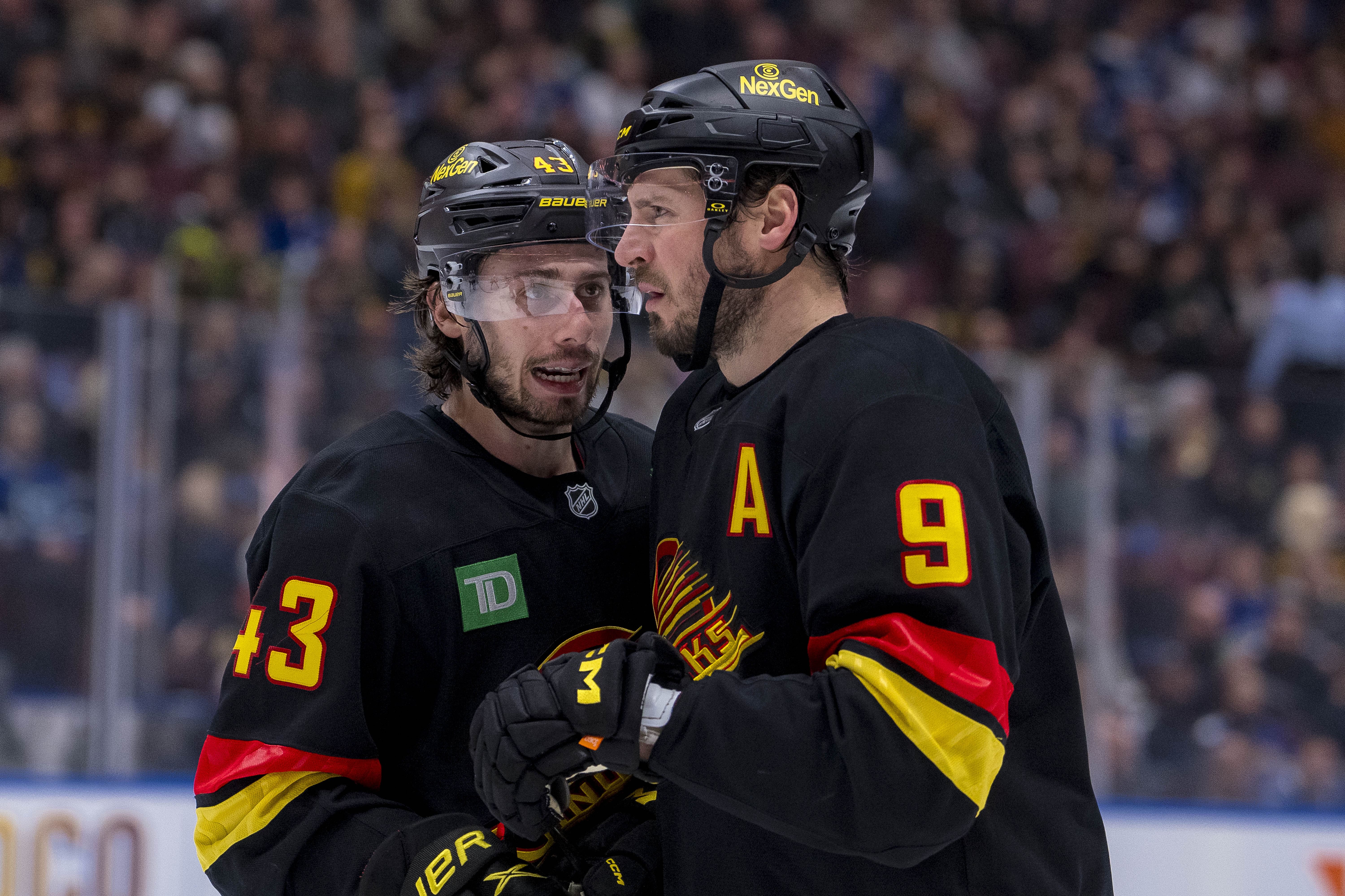 Defenseman Quinn Hughes (43) and forward J.T. Miller (9) during the latter&#039;s time at Vancouver Canucks. (Credits: IMAGN)