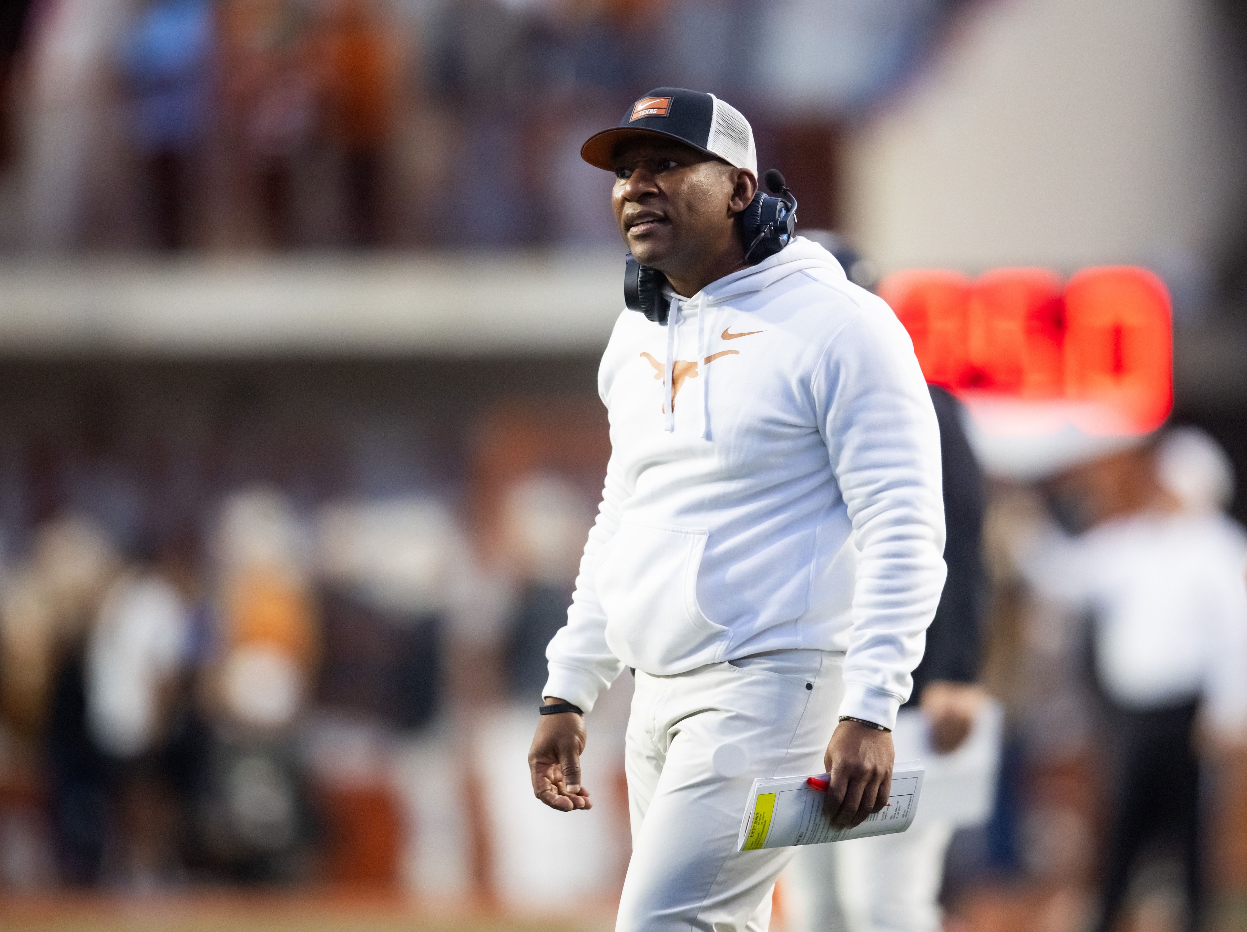 Dec 21, 2024; Austin, Texas, USA; Texas Longhorns defensive passing game coordinator Terry Joseph against the Clemson Tigers during the CFP National playoff first round at Darrell K Royal-Texas Memorial Stadium. Mandatory Credit: Mark J. Rebilas-Imagn Images - Source: Imagn