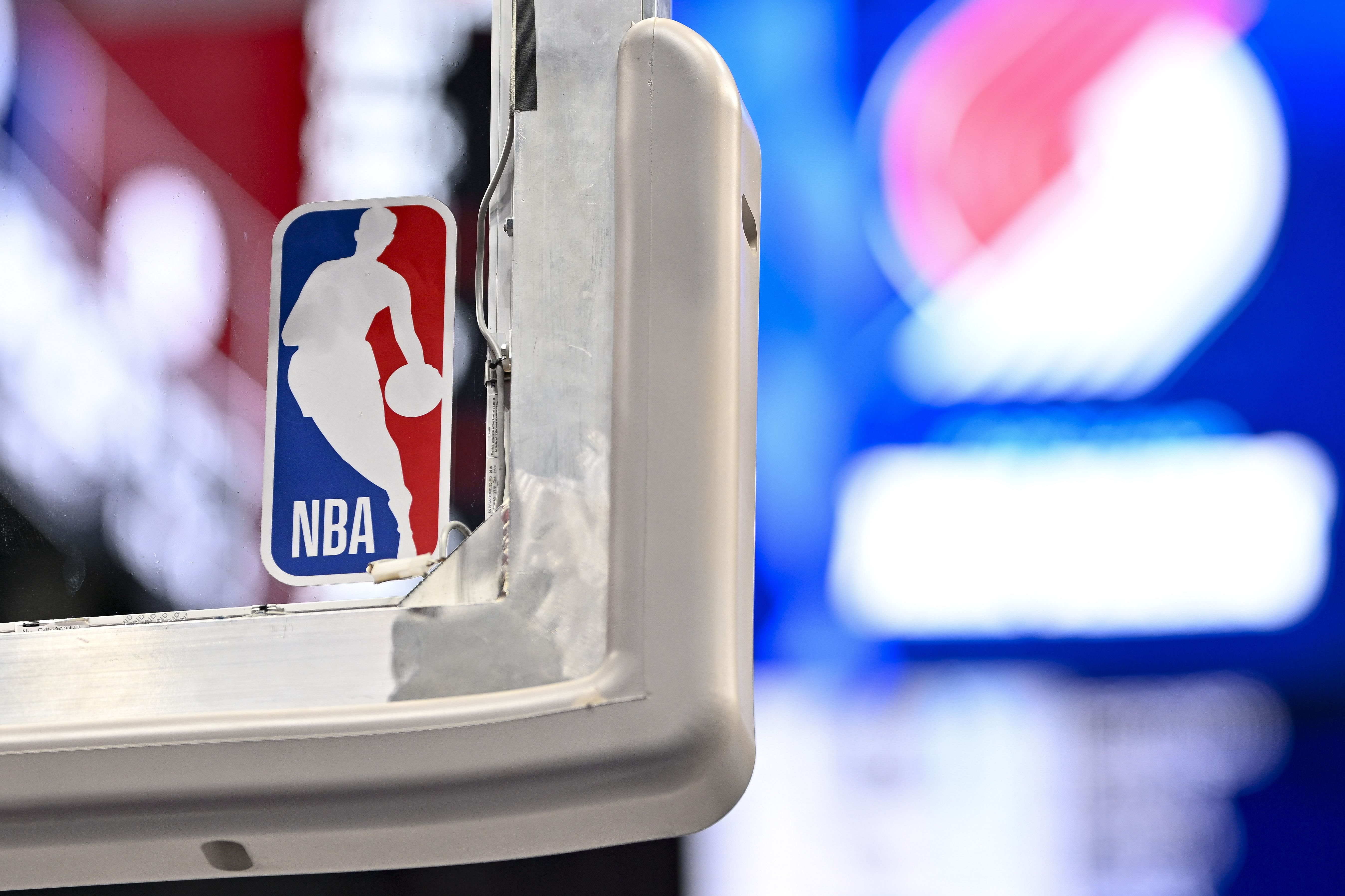 A view of the NBA logo and Portland Trail Blazers logo at the American Airlines Center. Photo Credit: Imagn