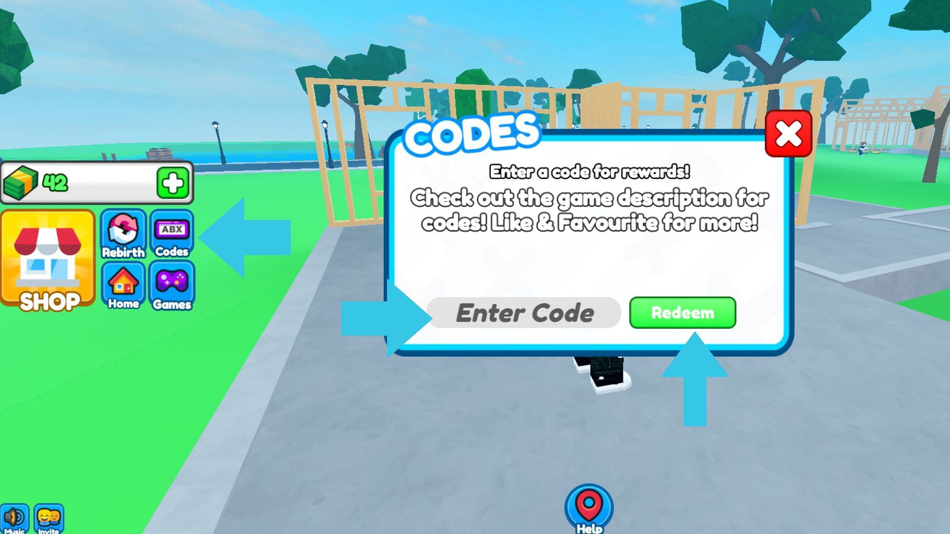 The &quot;Codes&quot; button is on the left of the screen (Image via Roblox)