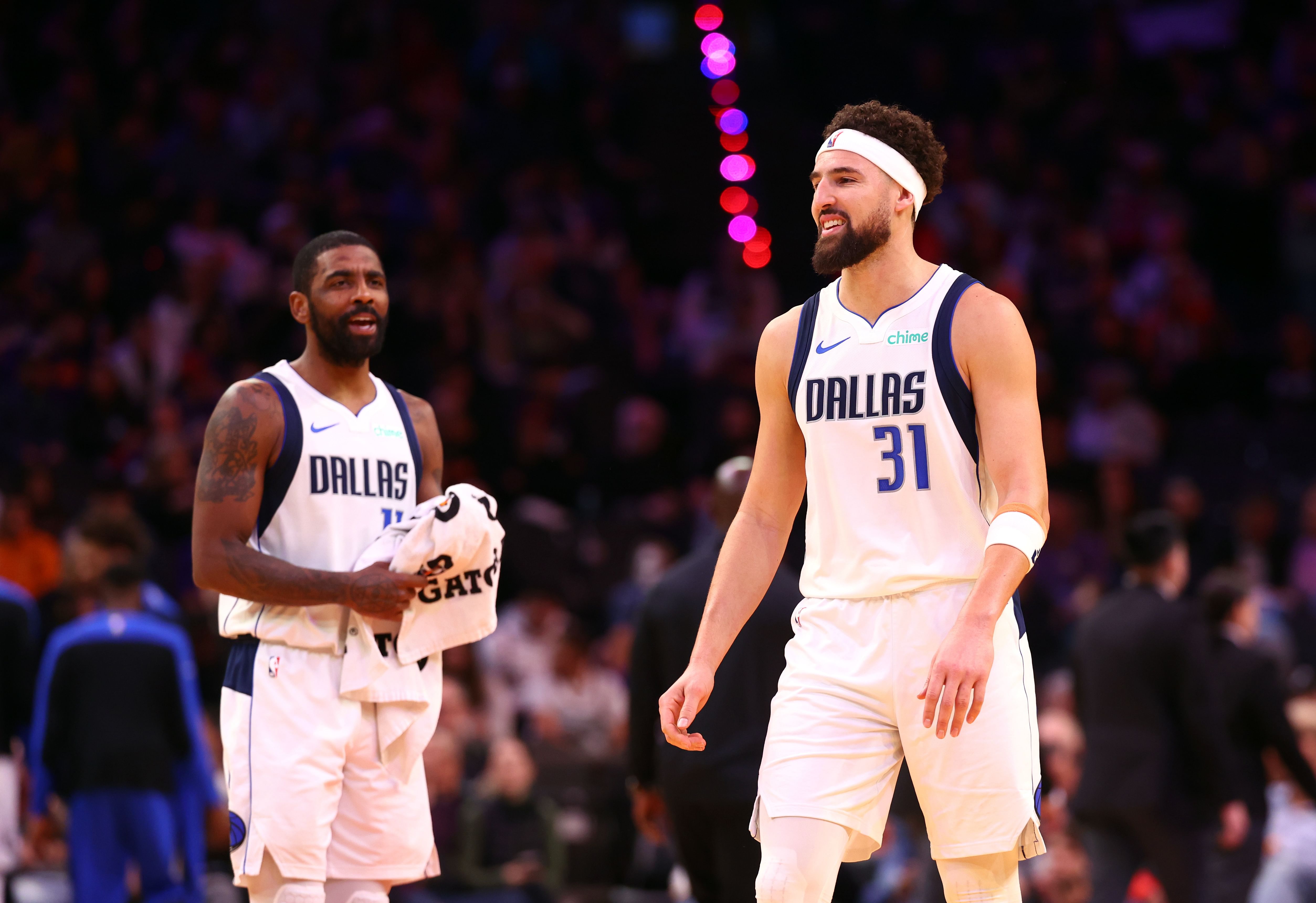 Dallas Mavericks star point guard Kyrie Irving and veteran sharpshooter Klay Thompson (Image Credit: Mark J. Rebilas-Imagn Images)