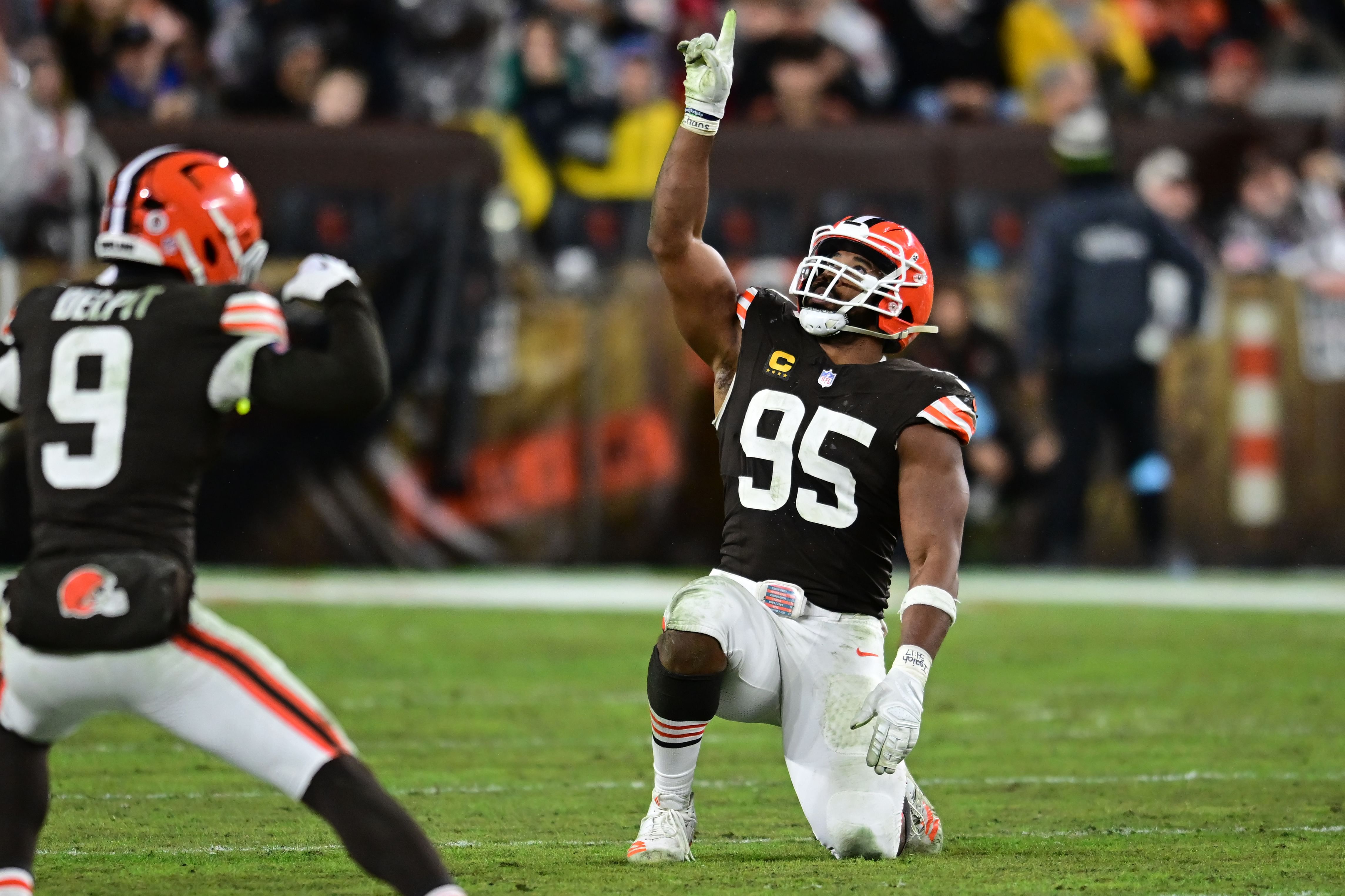 Cleveland Browns defensive end Myles Garrett (95) celebrates - Source: Imagn