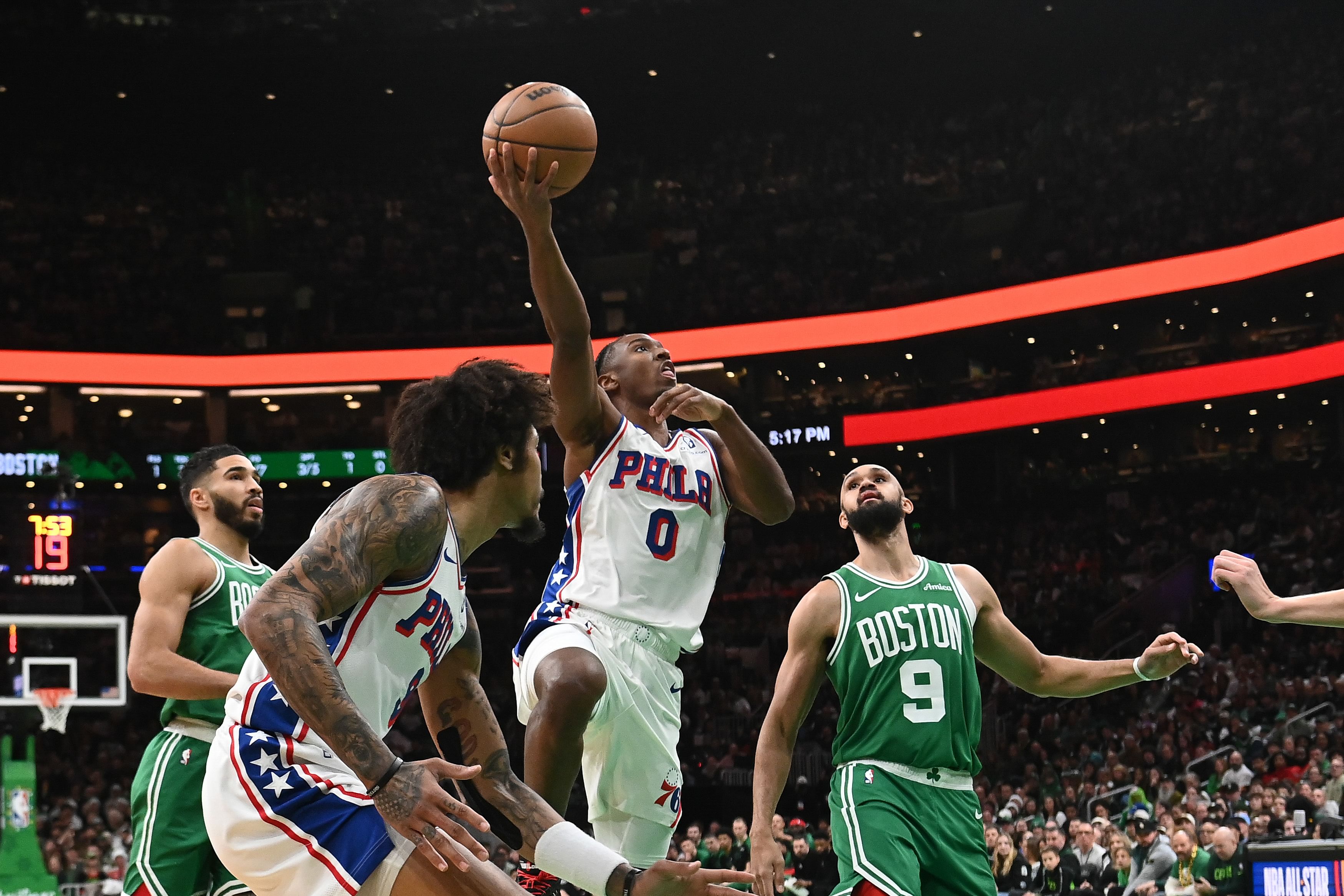 Philadelphia 76ers guard Tyrese Maxey shoots the ball against the Boston Celtics at TD Garden. Photo Credit: Imagn