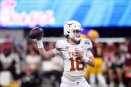 Texas Longhorns quarterback Arch Manning (16) warms up before the 2025 Peach Bowl game. (Credits: IMAGN)