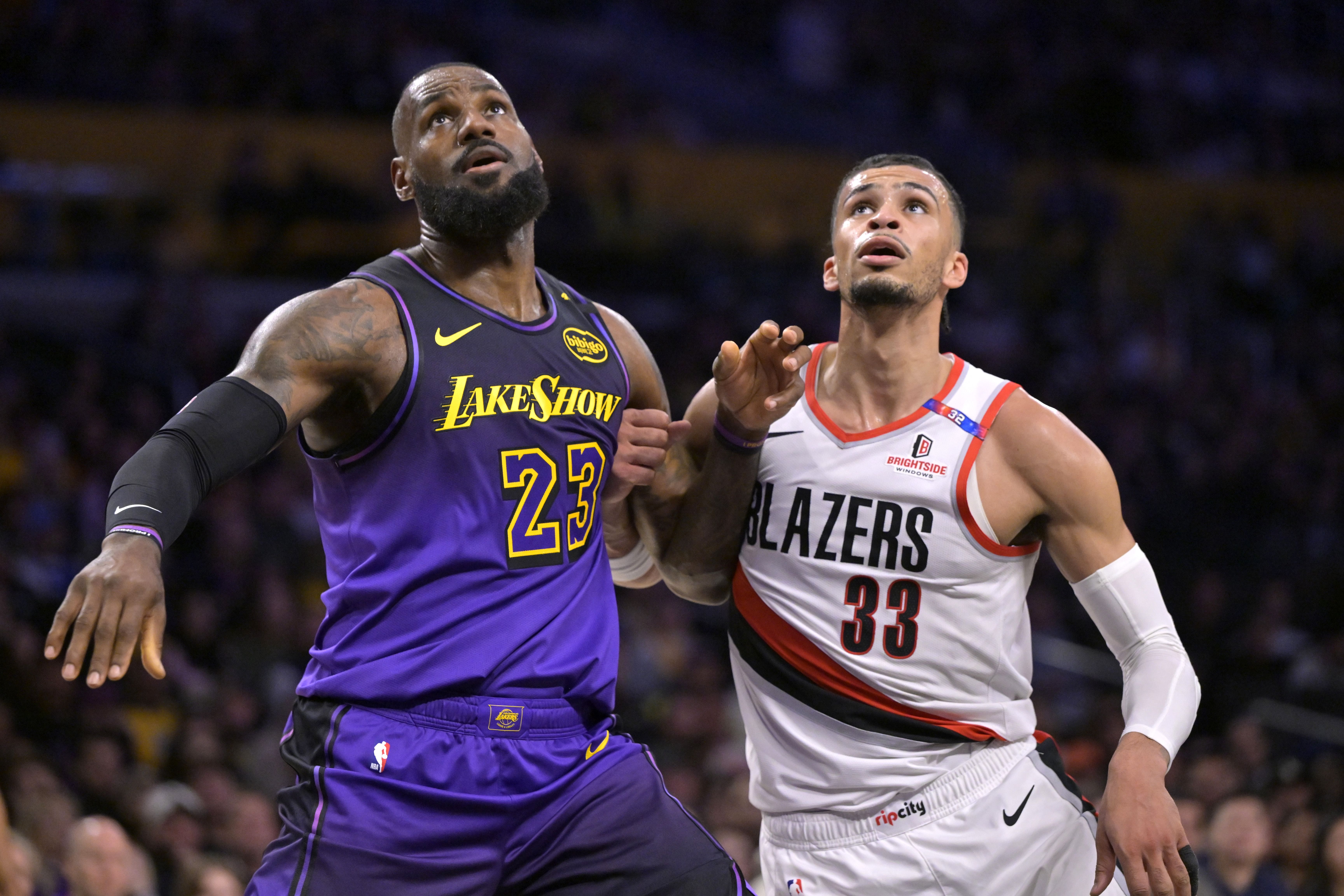 Los Angeles Lakers forward LeBron James (23) boxes out Portland Trail Blazers forward Toumani Camara (33) in the first half at Crypto.com Arena. Photo Credit: Imagn