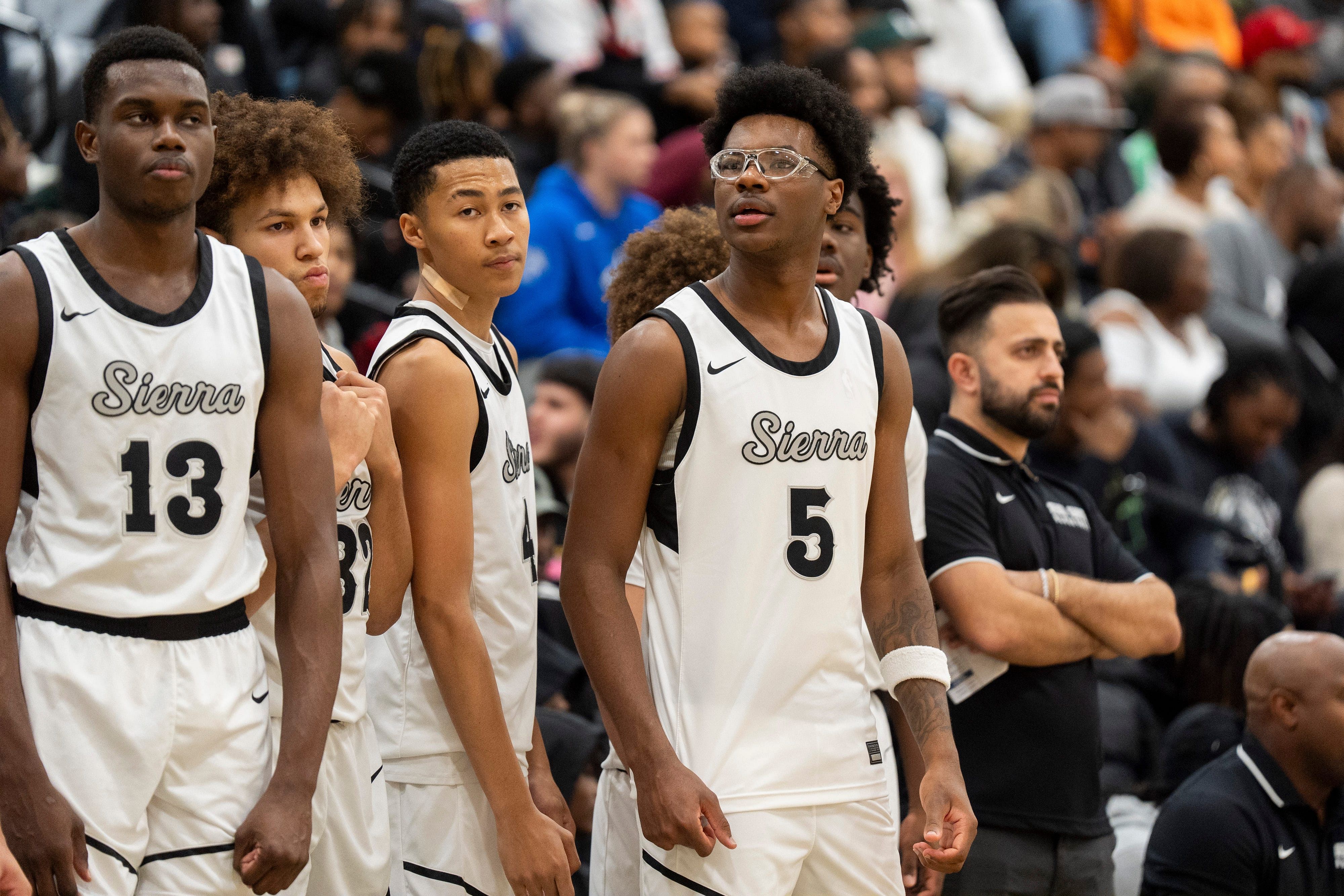 Sierra Canyon&rsquo;s Bryce James (5), the son of NBA player LeBron James, stands with his teammates by the bench before the game between Sierra Canyon and Bartlett High School during Memphis Hoopfest in Eads, Tenn., on Friday, January 3, 2025. - Source: Imagn