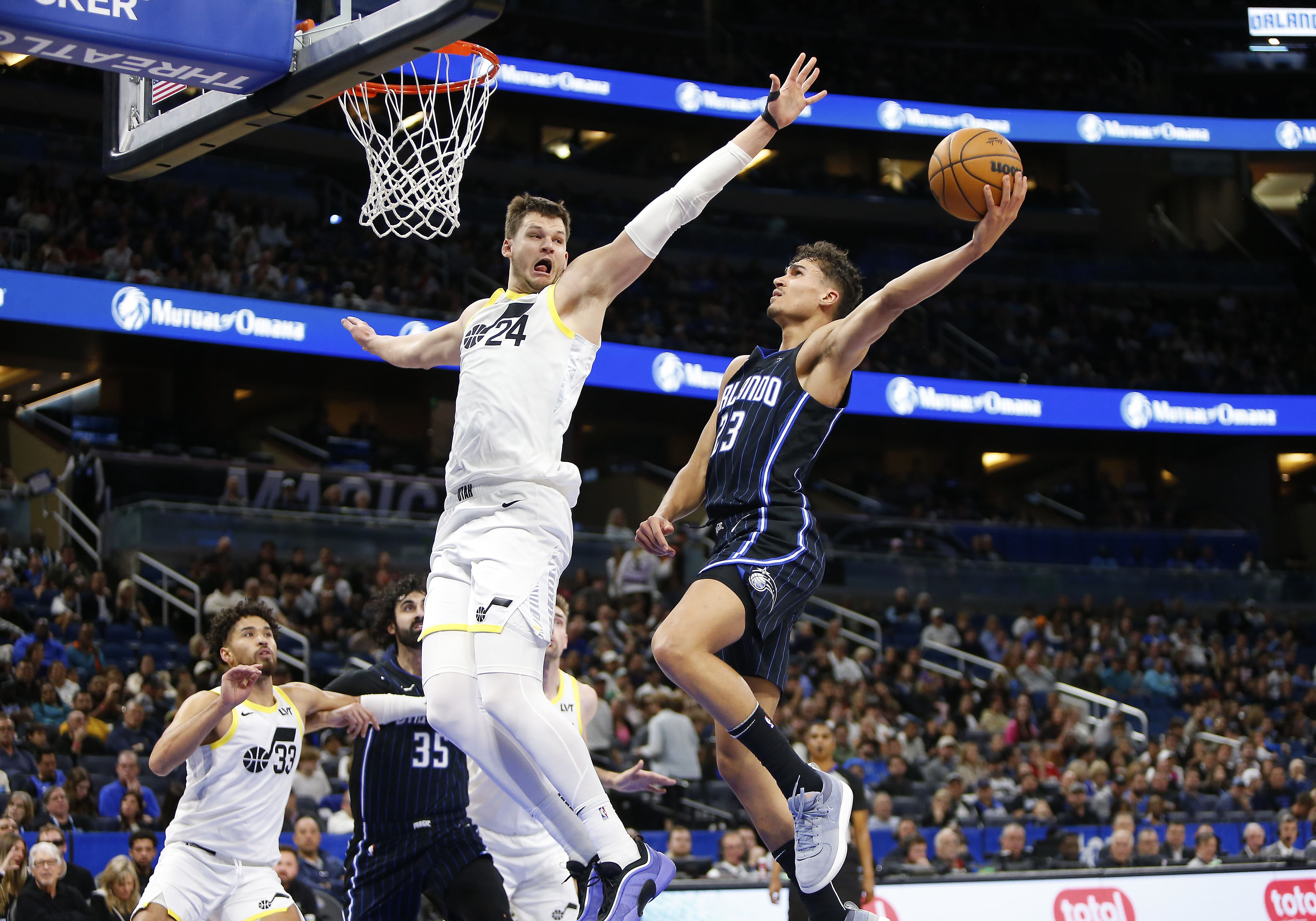 Orlando Magic forward Tristan da Silva takes a shot as Utah Jazz center Walker Kessler defends at Kia Center. Photo Credit: Imagn