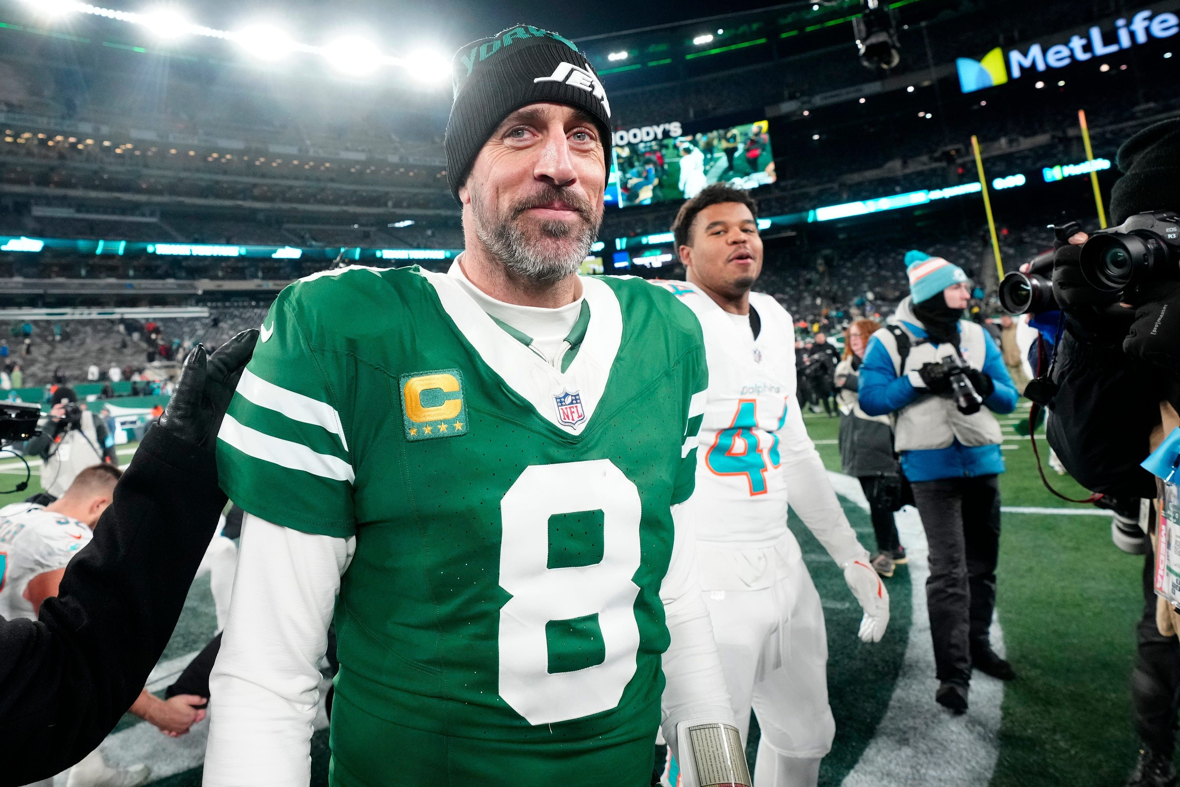 New York Jets quarterback Aaron Rodgers (8) is shown after he led Gang Green to a 32-20 victory against the Miami Dolphins, on Jan. 5, 2025, in East Rutherford, N.J. - Source: Imagn