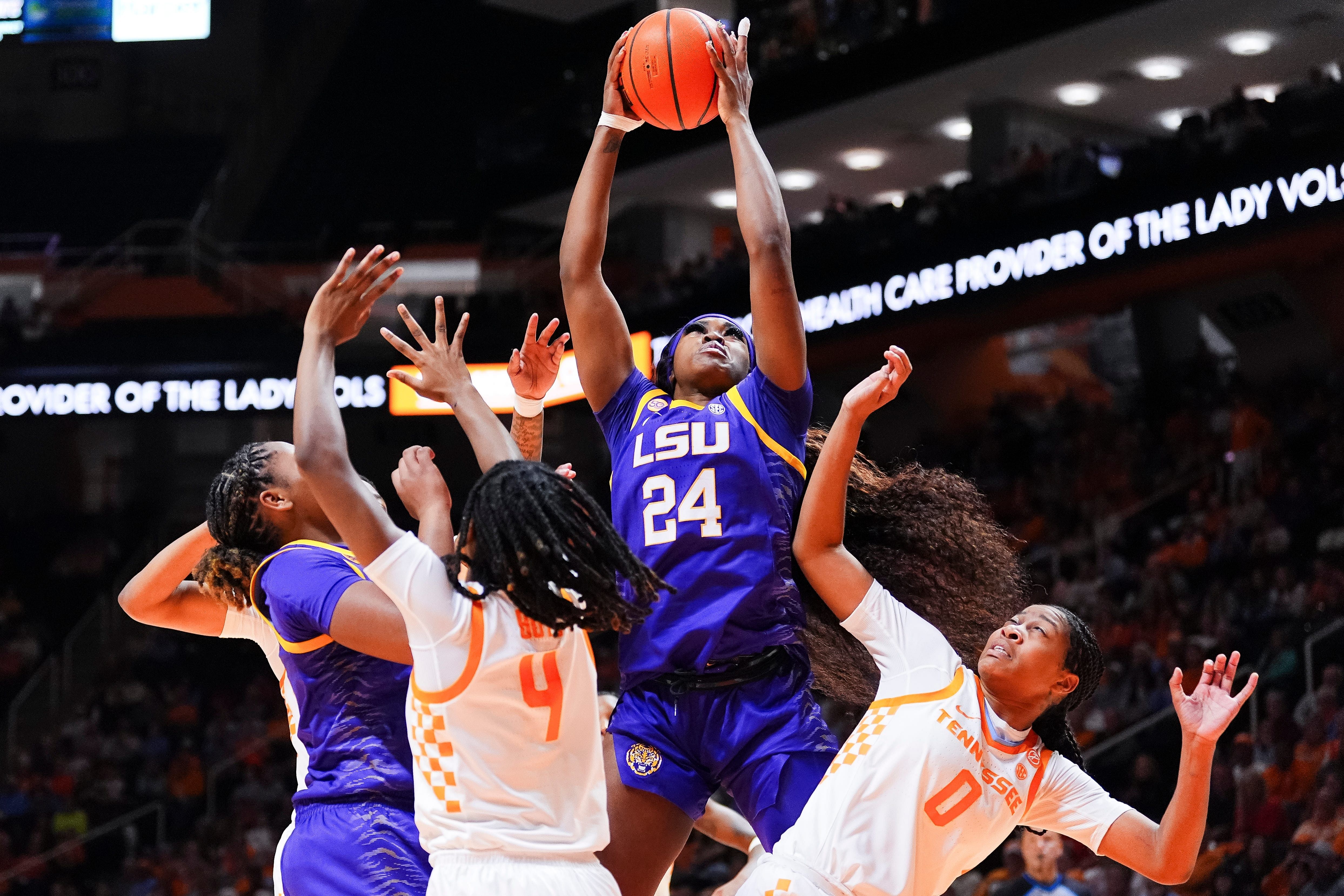 LSU forward Aneesah Morrow (24) grabs the rebound during a women&#039;s college basketball game between the Lady Vols and LSU on Thursday, Jan. 9, 2025. - Source: Imagn