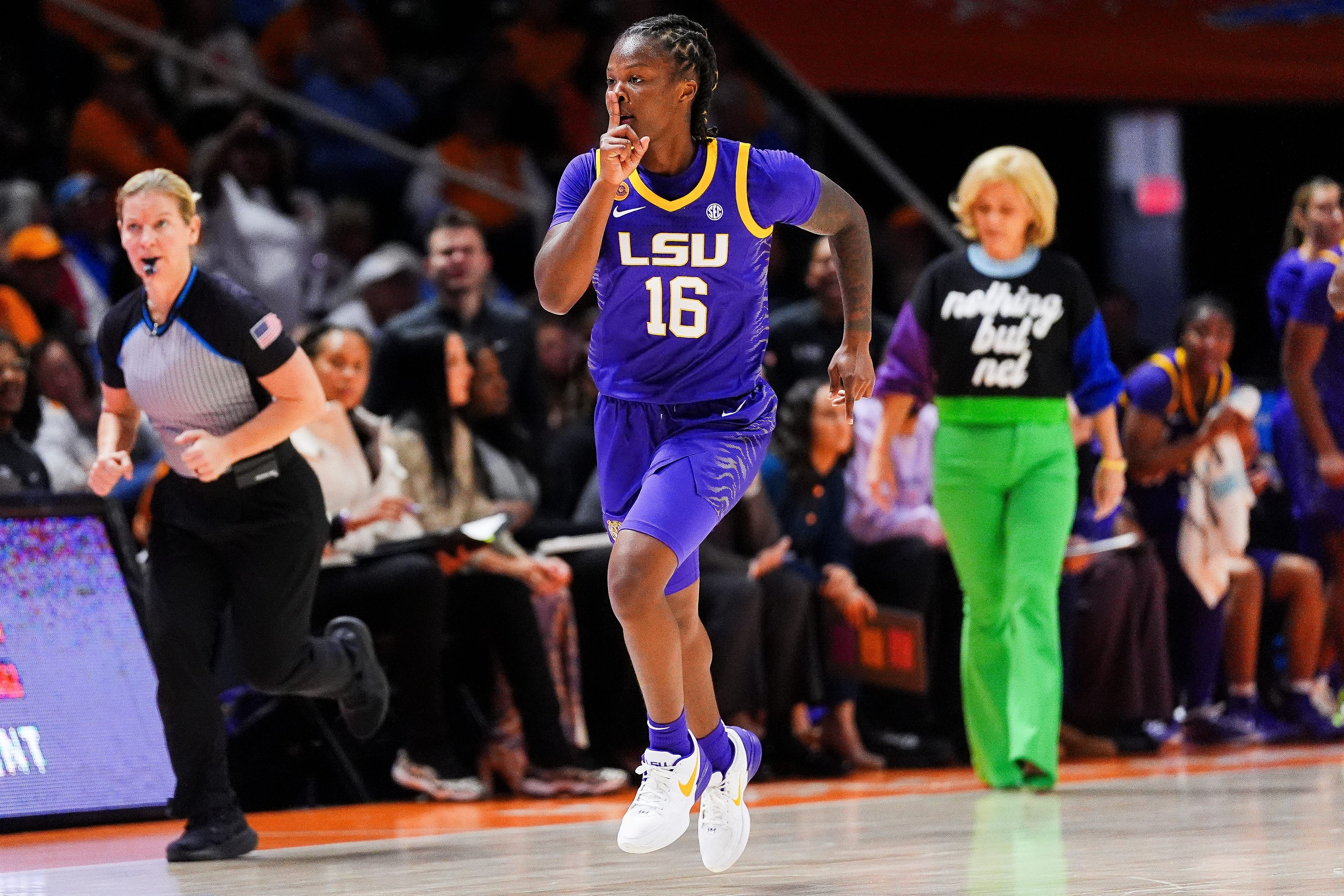 LSU guard Kailyn Gilbert (16) shushes the Tennessee crowd after hitting a three-pointer during a women&#039;s college basketball game between the Lady Vols and LSU at Thompson-Boling Arena at Food City Center on Thursday, Jan. 9, 2025. Photo: Imagn