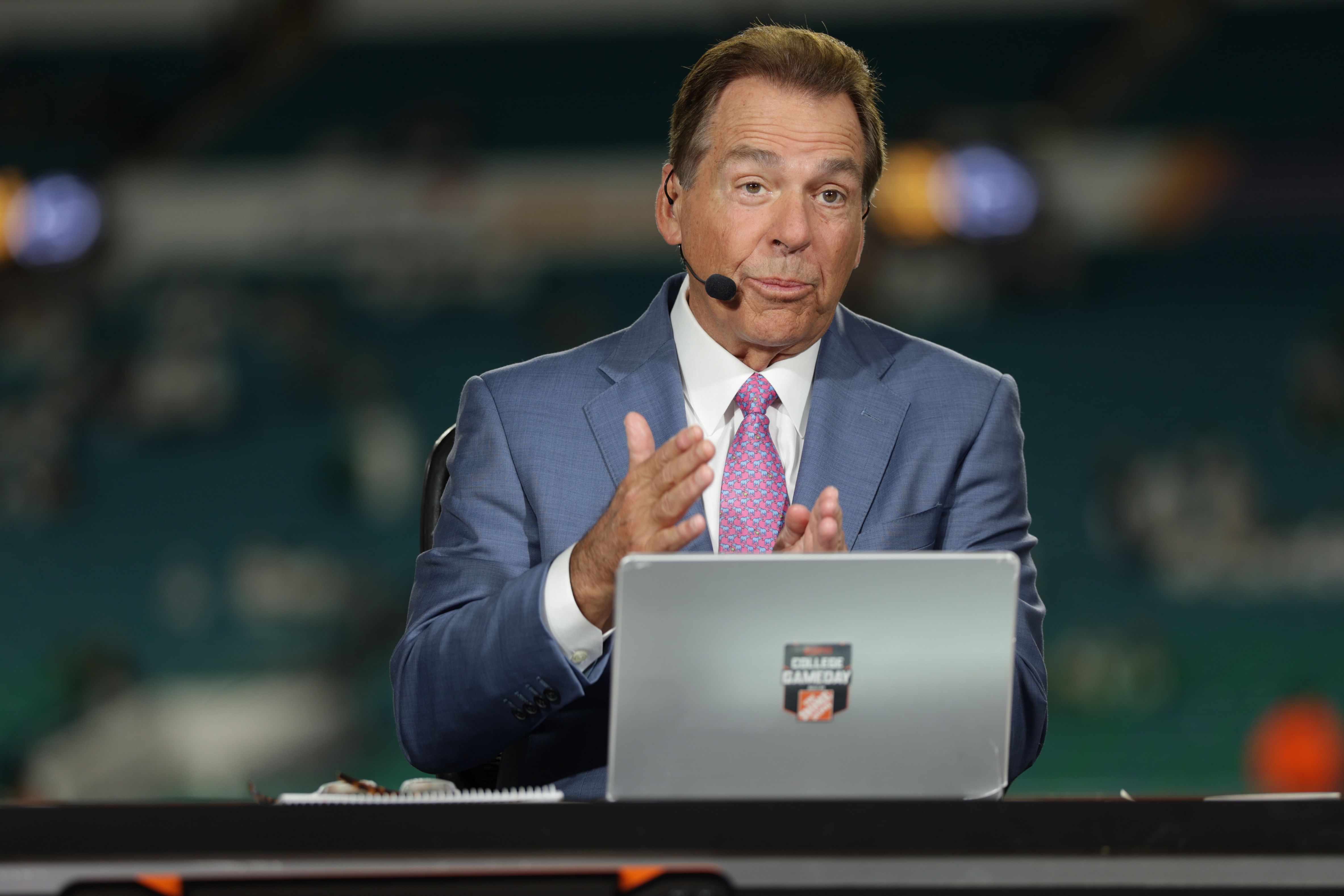 Jan 9, 2025; Miami, FL, USA; ESPN analyst Nick Saban before the game between the Notre Dame Fighting Irish and the Penn State Nittany Lions in the Orange Bowl at Hard Rock Stadium. Mandatory Credit: Nathan Ray Seebeck-Imagn Images - Source: Imagn