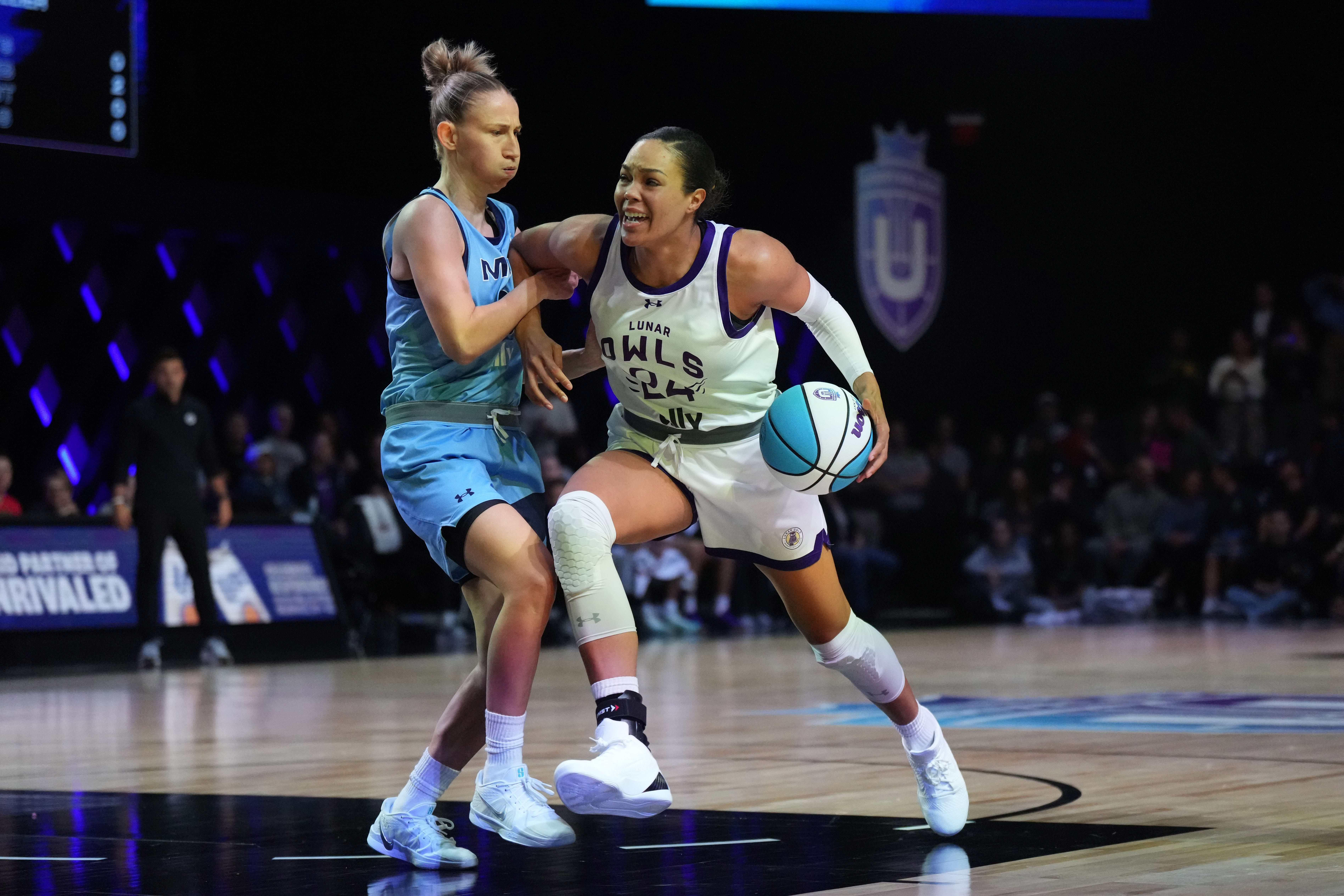 Napheesa Collier of the Lunar Owls BC drives toward the basket during the Unrivaled women&rsquo;s professional league at Wayfair Arena. Photo Credit: Imagn