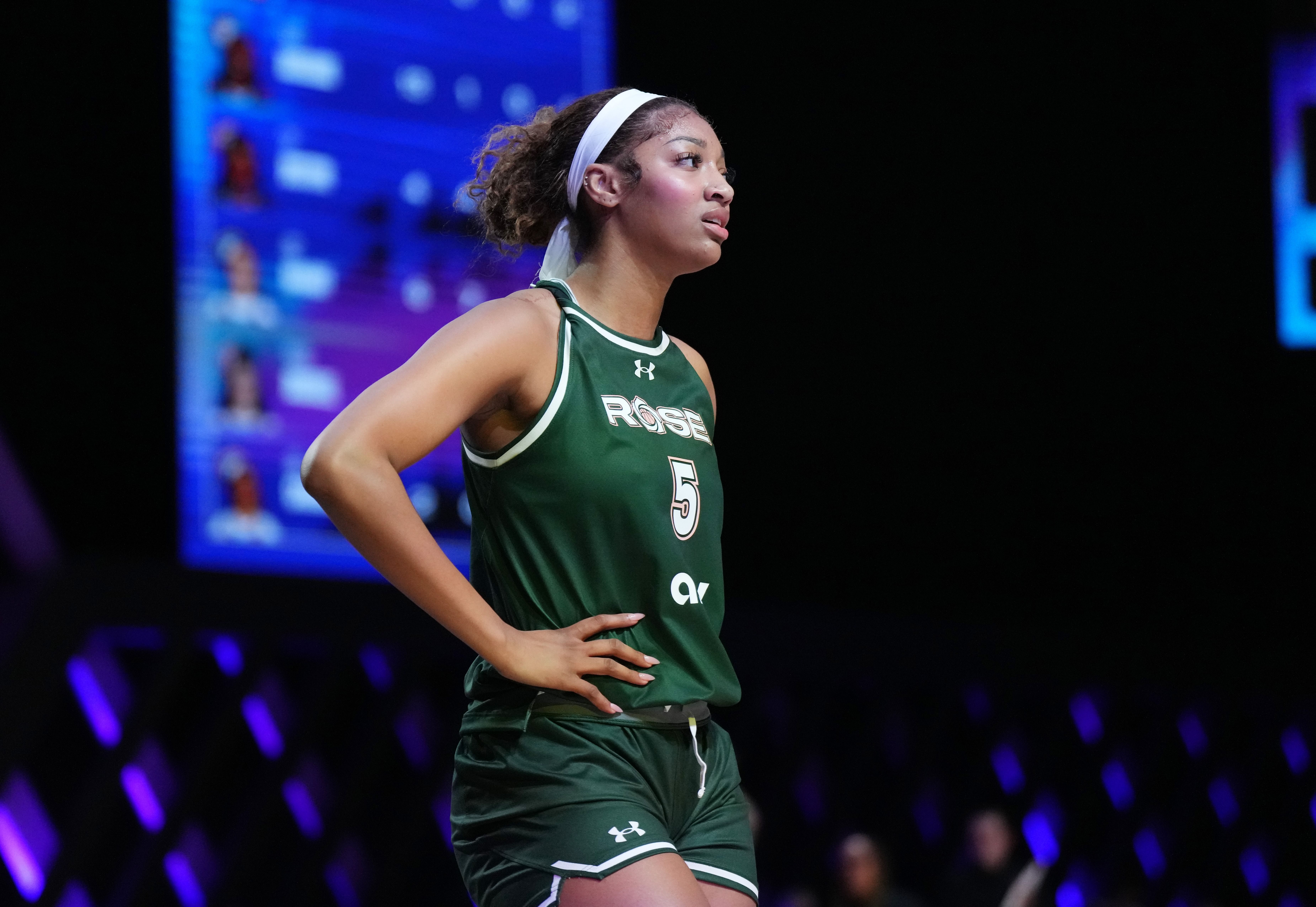 Angel Reese of the Rose takes a moment against the Vinyl during the first half of the Unrivaled basketball league at Wayfair Arena. Photo Credit: Imagn