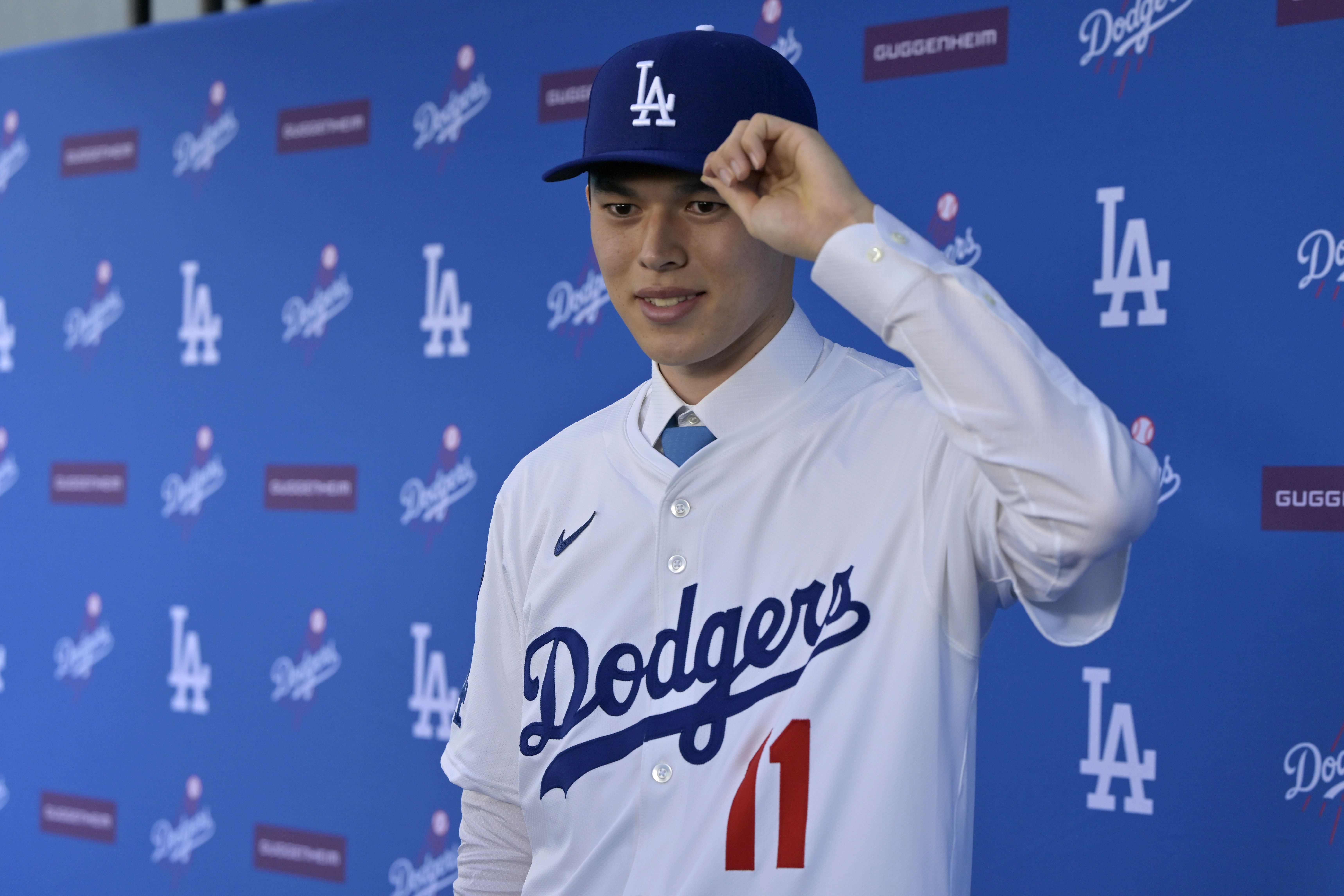 Los Angeles Dodgers pitcher Roki Sasaki during an introductory press conference at Dodger Stadium. - Source: Imagn