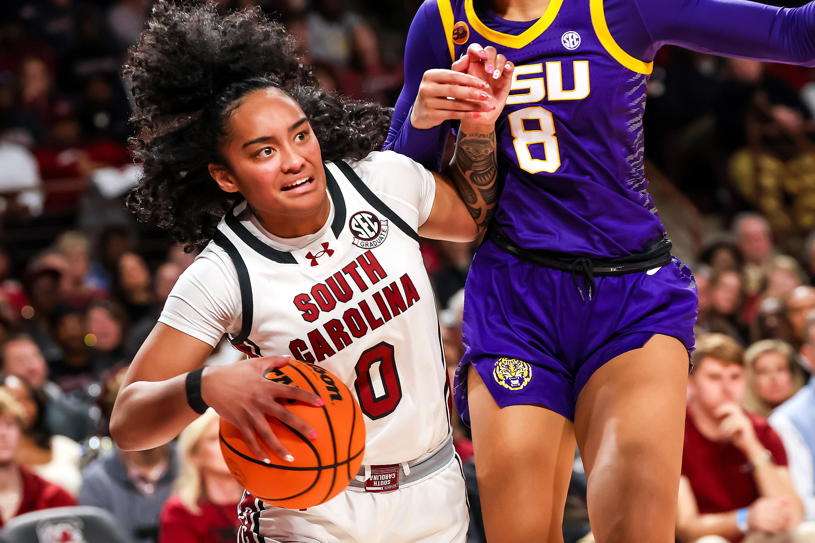 South Carolina Gamecocks guard Te-Hina Paopao (#0) in action against the LSU Tigers. Photo: Imagn