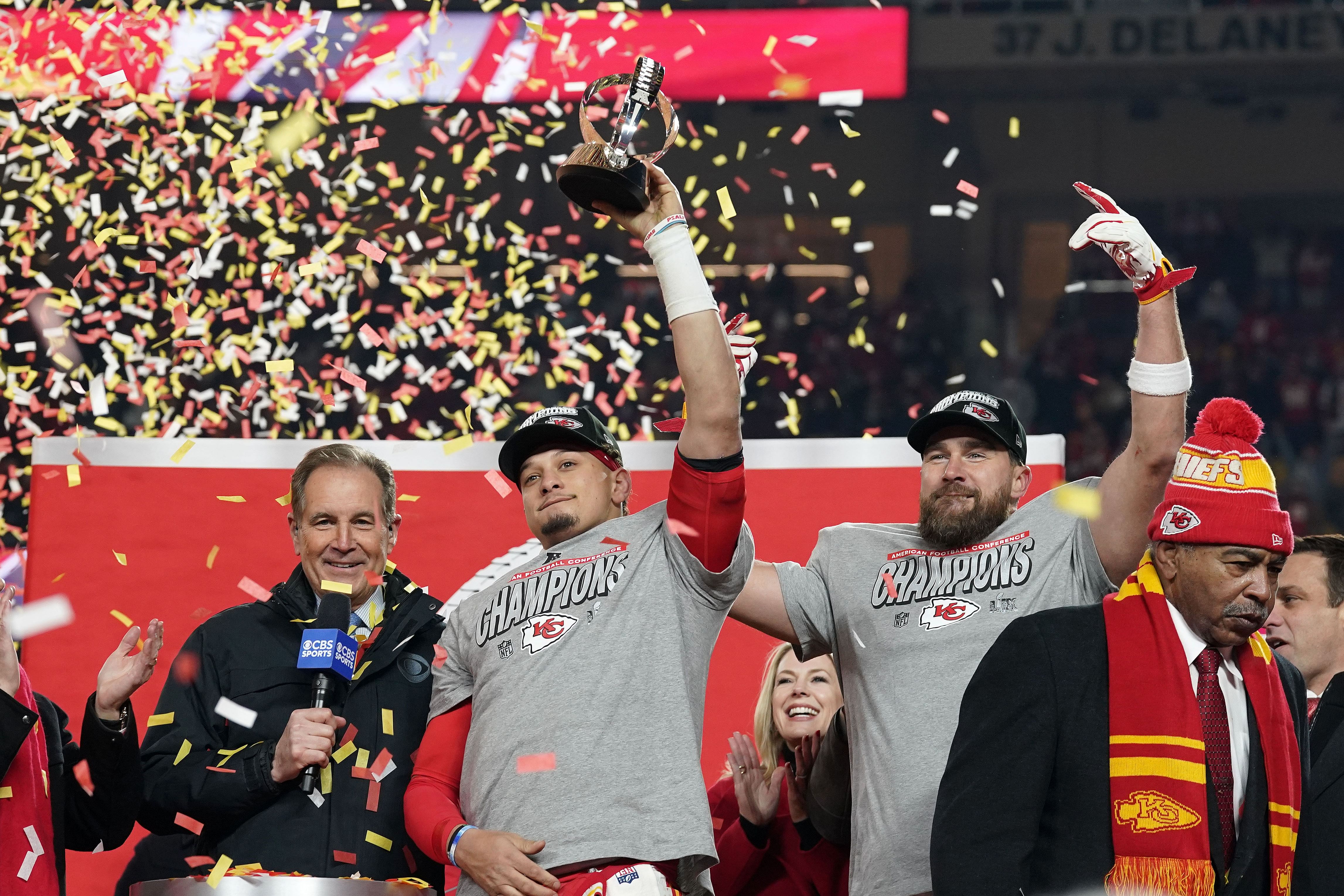 Patrick Mahomes (left) and Travis Kelce (right) celebrating the 2025 AFC championship win - Source: Imagn