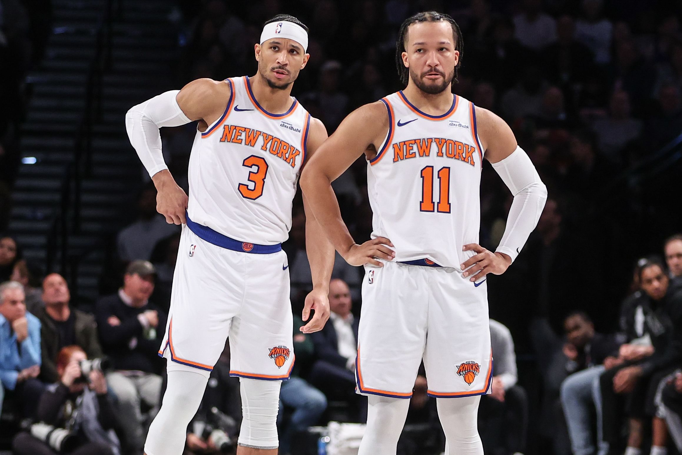 Jan 21, 2025; Brooklyn, New York, USA; New York Knicks guards Josh Hart (3) and Jalen Brunson (11) at Barclays Center. Mandatory Credit: Wendell Cruz-Imagn Images - Source: Imagn