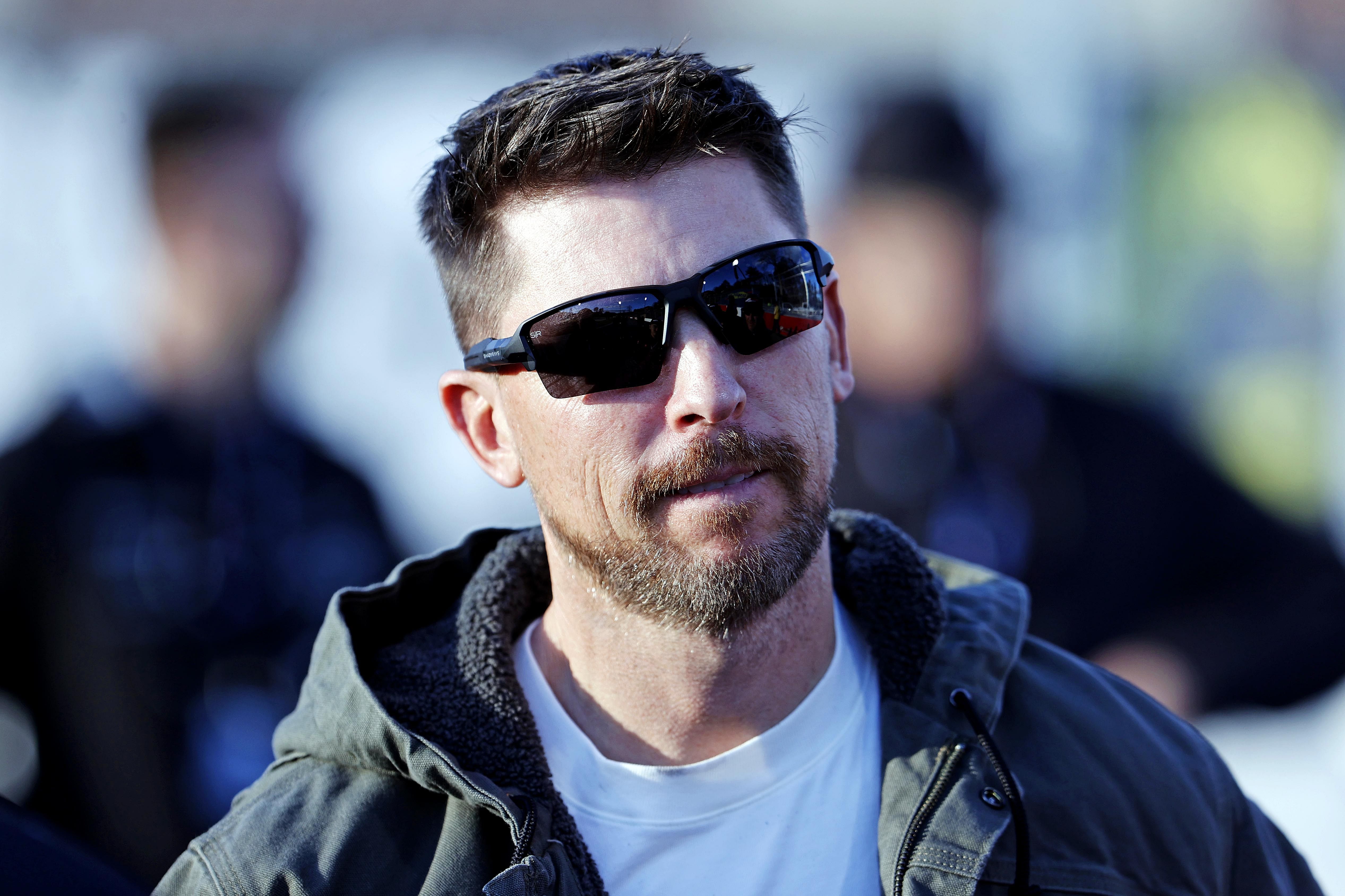 Denny Hamlin walks the track before practice for the Clash at Bowman Gray at Bowman Gray Stadium - Source: Imagn