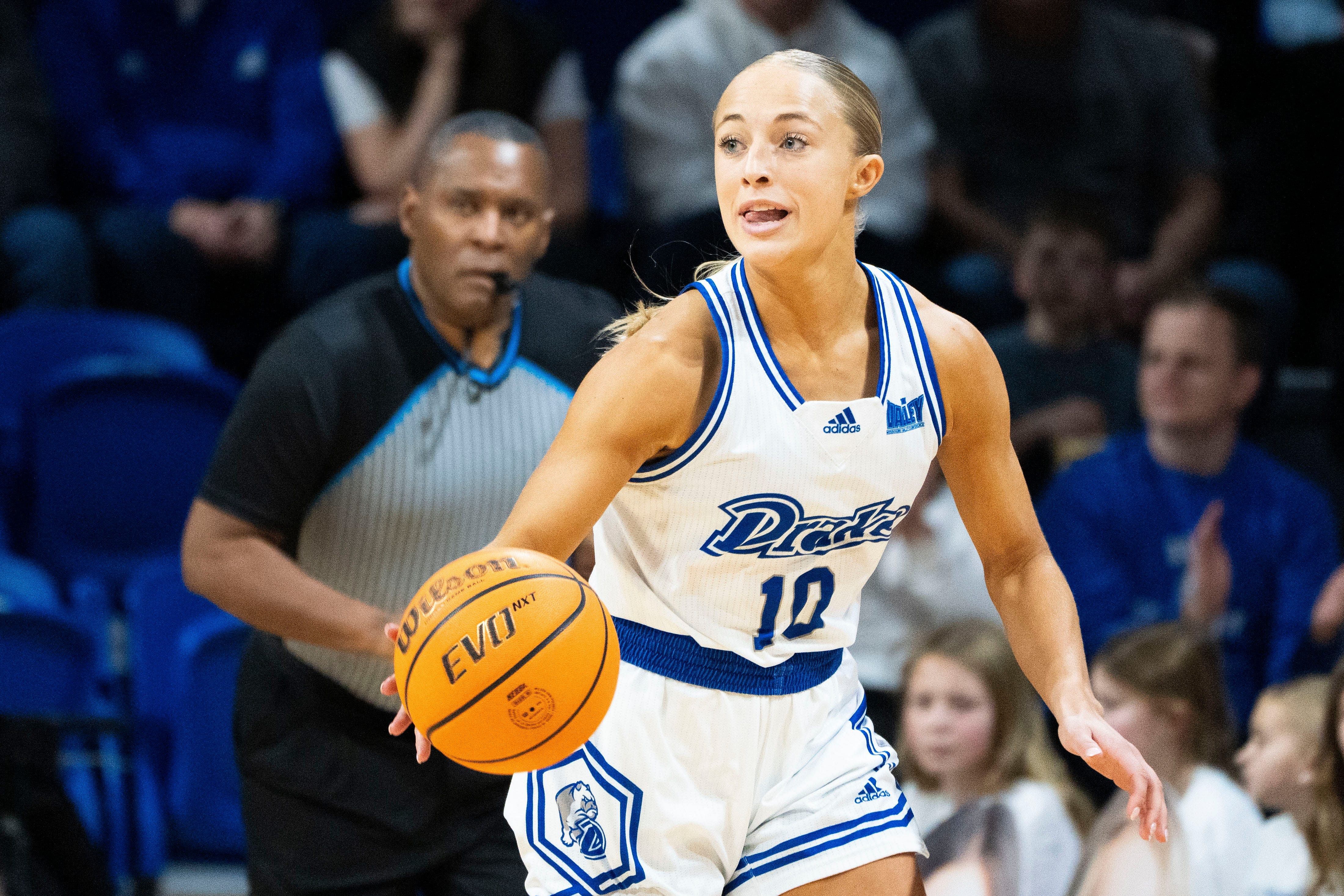 Drake guard Katie Dinnebier corrals the ball during a game at Knapp Center on Saturday, Feb. 1, 2025, in Des Moines. Photo: Imagn