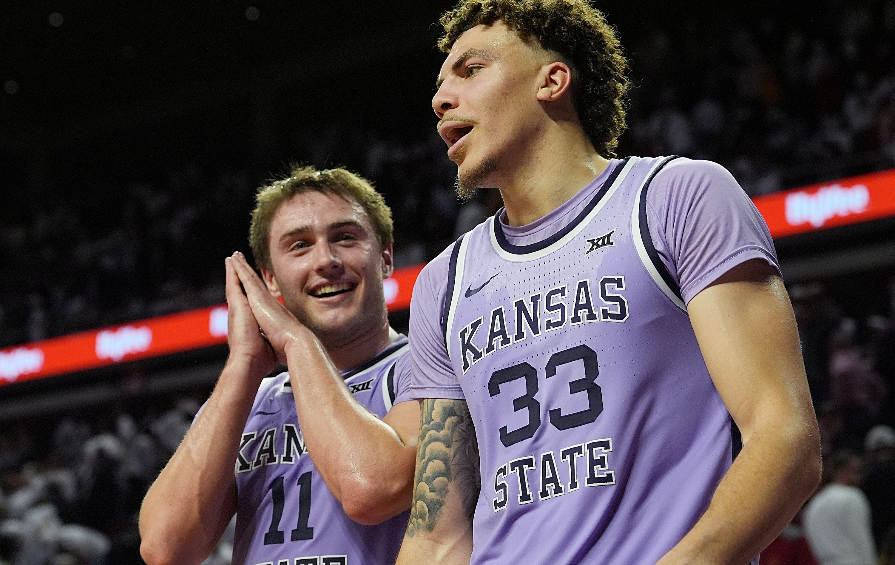 College Basketball: Kansas State Wildcats&#039; guard Brendan Hausen (11) and forward Coleman Hawkins (33) celebrates after winning over Iowa State - Source: Imagn