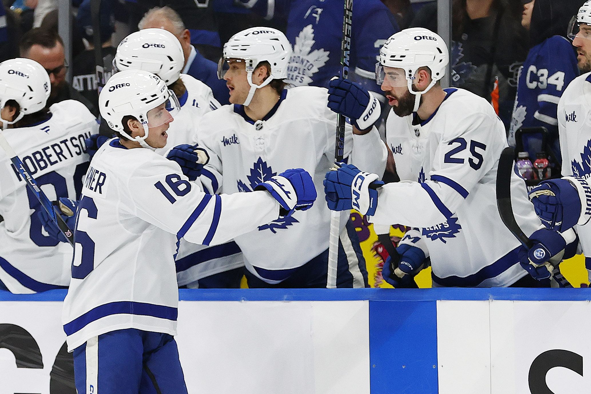 Feb 1, 2025; Edmonton, Alberta, CAN; The Toronto Maple Leafs celebrate a goal scored by forward Mitch Marner (16) during the third period against the Edmonton Oilers at Rogers Place. Mandatory Credit: Perry Nelson-Imagn Images - Source: Imagn