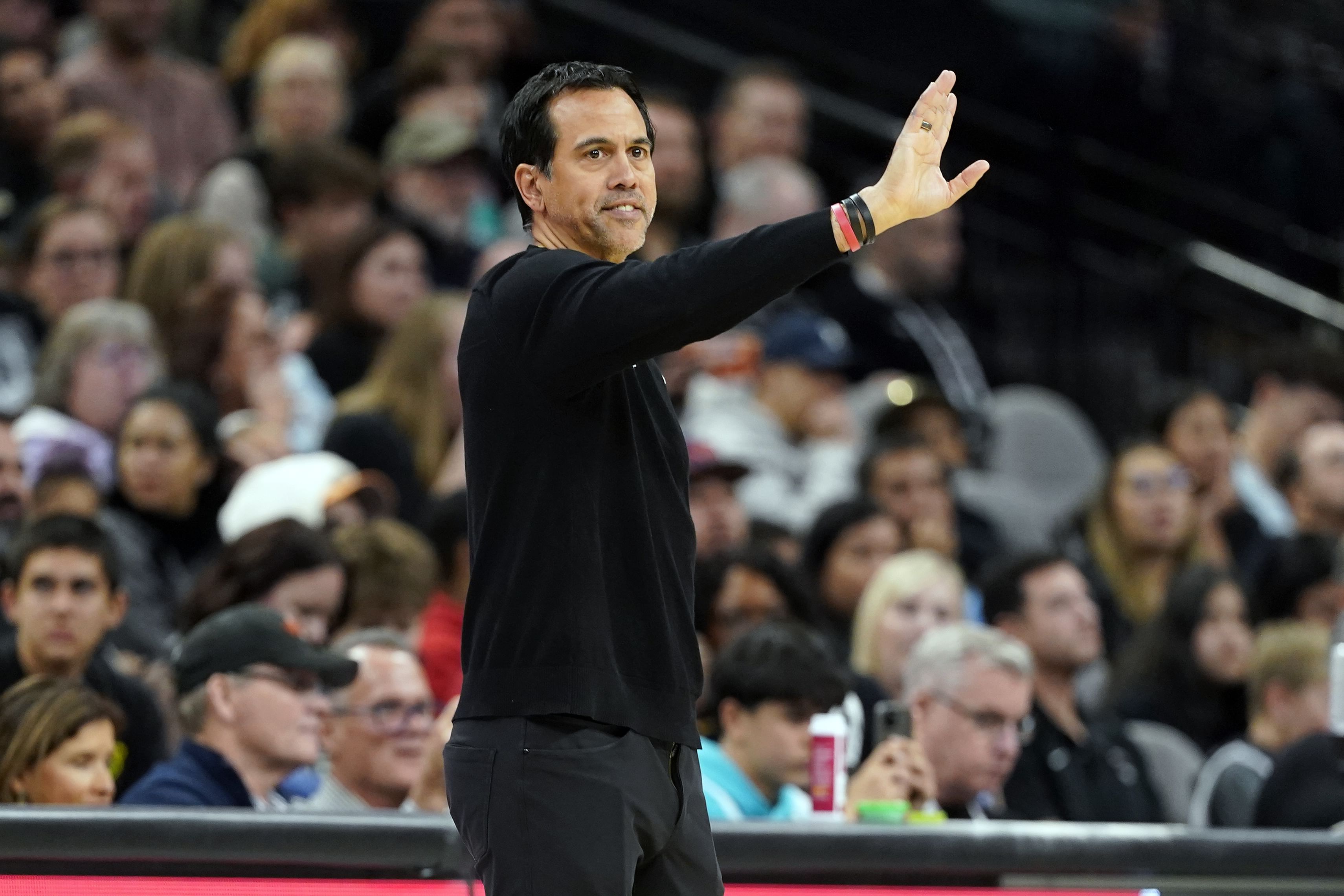 Feb 1, 2025; San Antonio, Texas, USA; Miami Heat head coach Erik Spoelstra signals to players during the first half against the San Antonio Spurs at Frost Bank Center. Mandatory Credit: Scott Wachter-Imagn Images - Source: Imagn