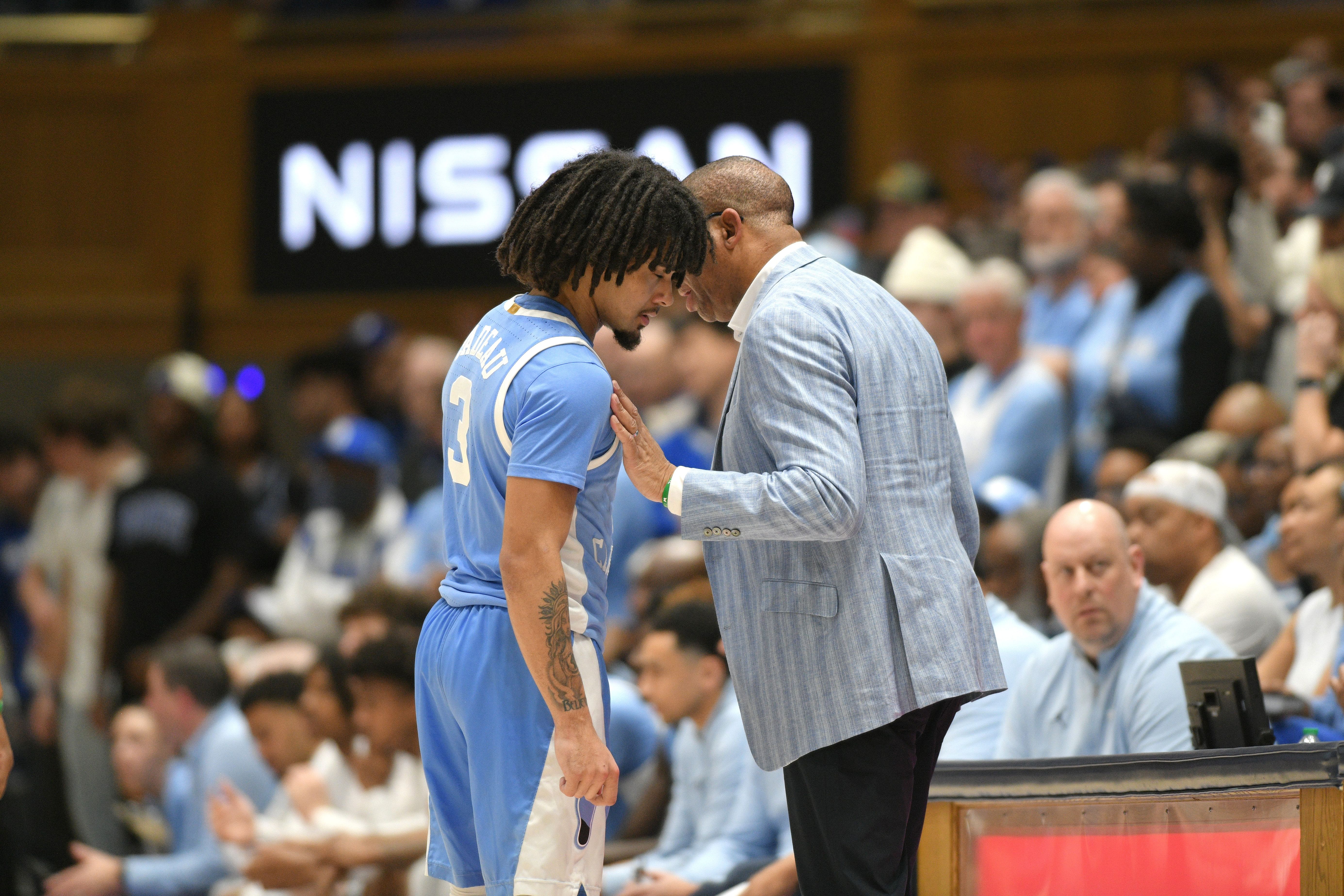 Hubert Davis coaching in Saturday&#039;s loss to Duke. - Source: Zachary Taft, Imagn