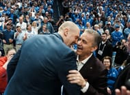 Former UK coach and current Arkansas coach John Calipari hugs Kentucky coach Mark Pope before the game at Rupp Arena on Saturday Feb. 1, 2025. Photo: Imagn
