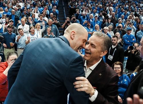 Former UK coach and current Arkansas coach John Calipari hugs Kentucky coach Mark Pope before the game at Rupp Arena on Saturday Feb. 1, 2025. Photo: Imagn