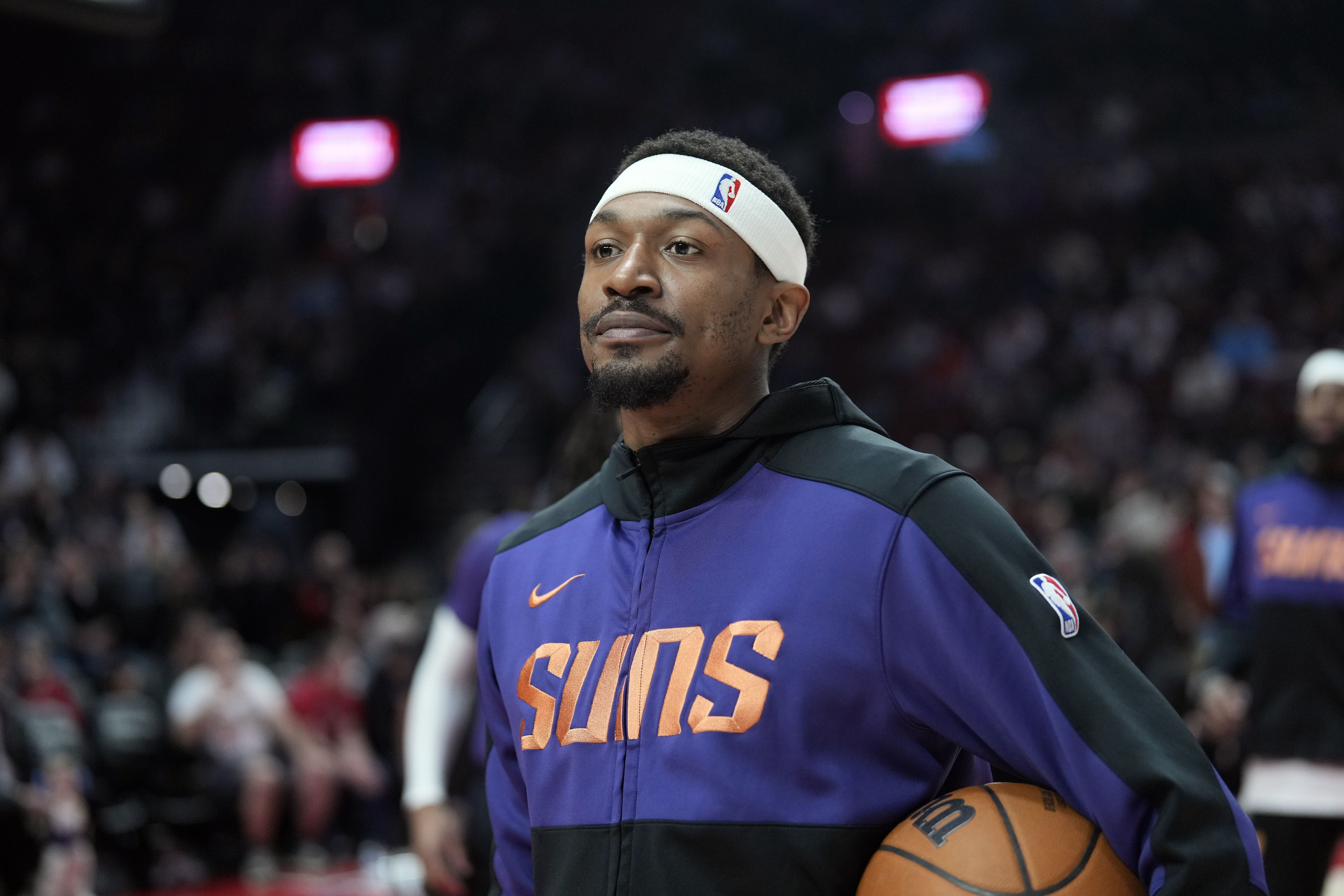 Phoenix Suns shooting guard Bradley Beal looks on before the game against the Portland Trail Blazers at Moda Center. Photo Credit: Imagn