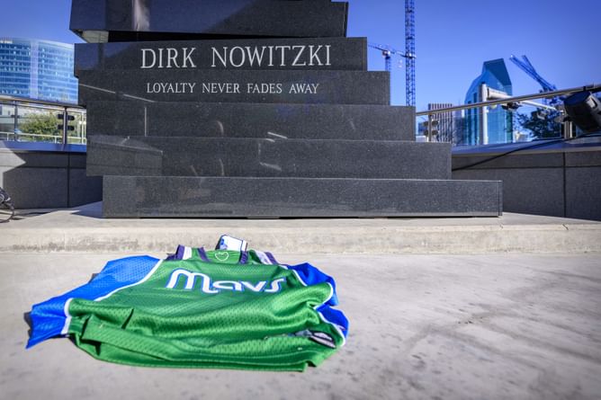 "Boycott all Mavs games" - Fans in uproar as Luka Doncic faithful display their anger under Dirk Nowitzki's statue