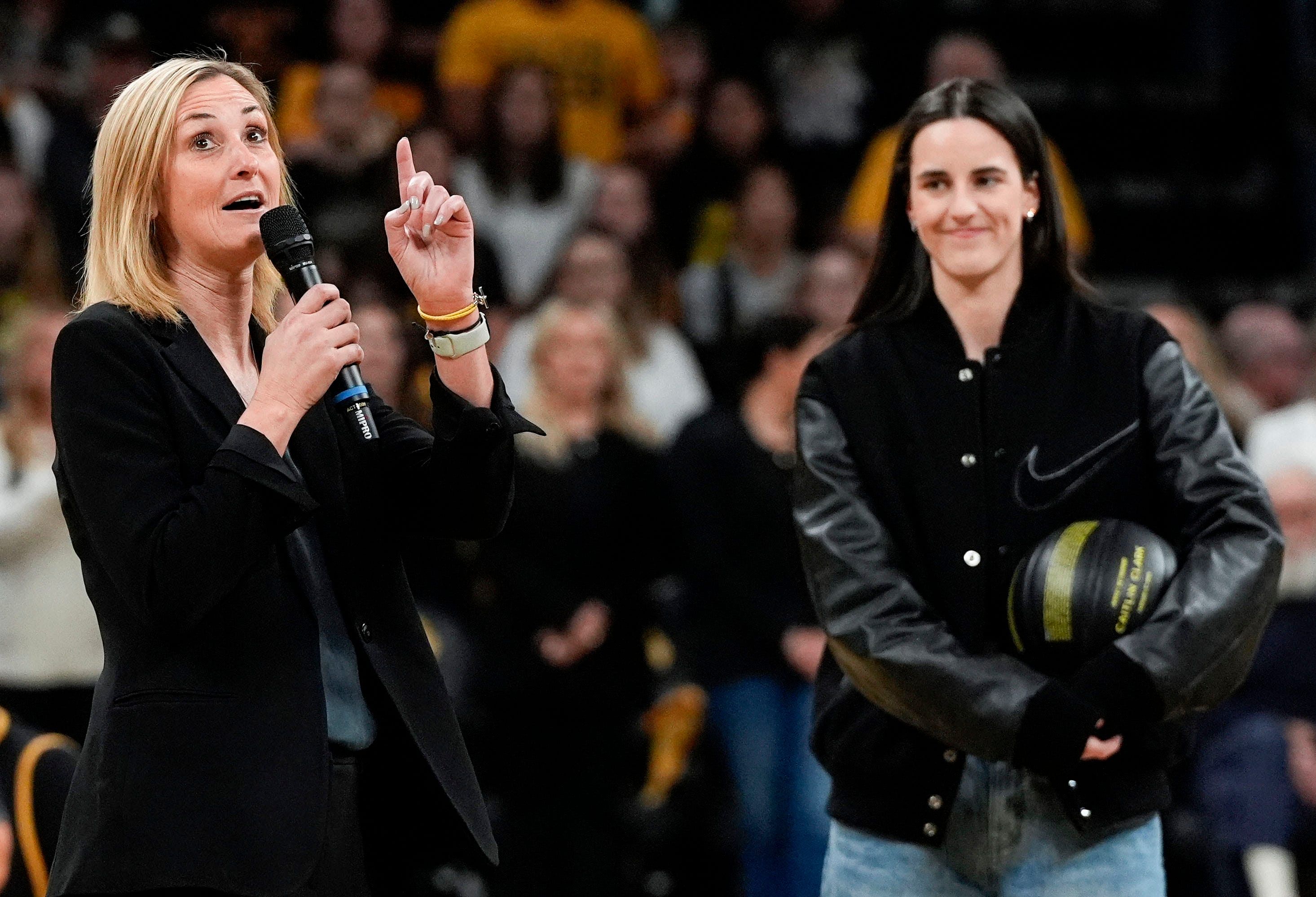 Iowa athletic director Beth Goetz speaks to the crowd during Caitlin Clark&rsquo;s jersey retirement ceremony Sunday, Feb. 2, 2025 at Carver-Hawkeye Arena in Iowa City, Iowa. - Source: Imagn