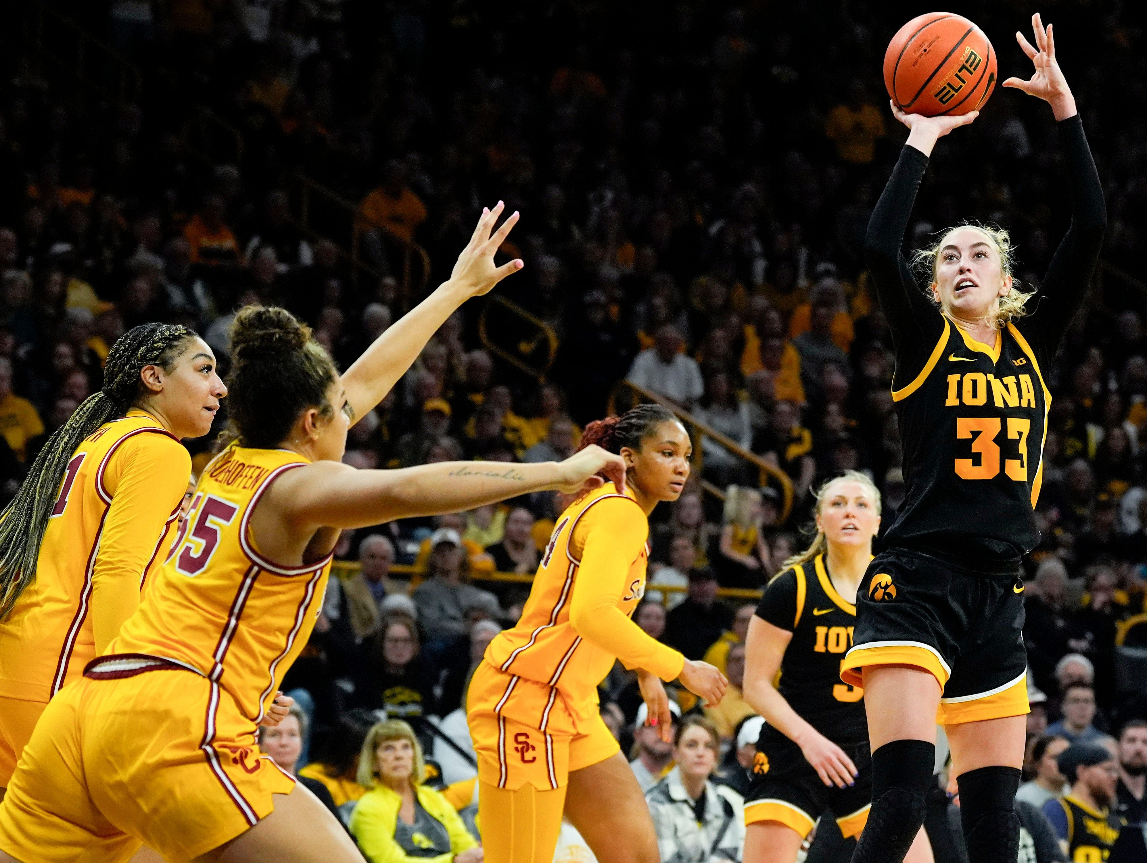 Iowa&#039;s Lucy Olsen delivered a game-high 28 points to key an upset of No. 4 USC on Sunday. (Photo Credit: IMAGN)