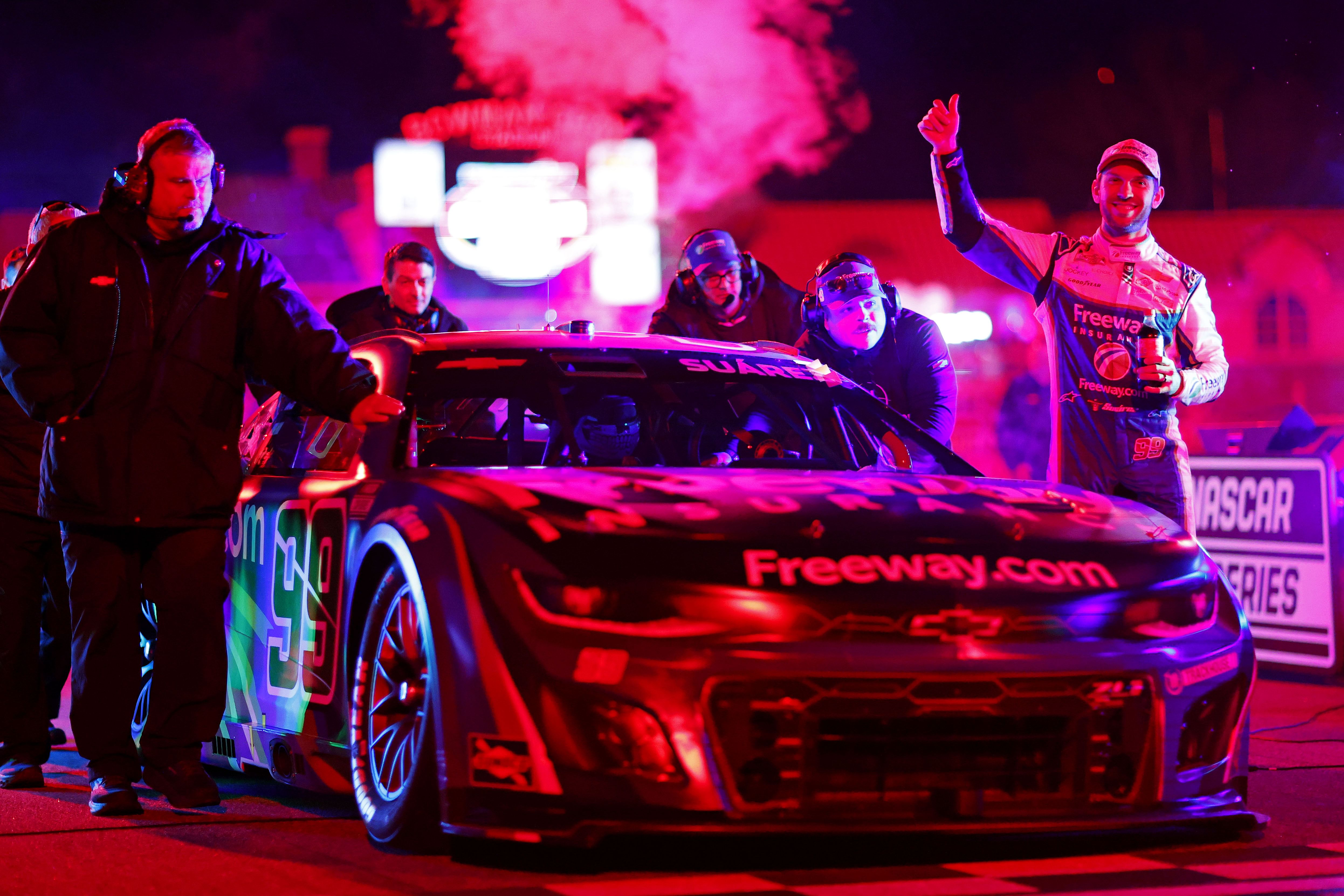 Daniel Suarez waves to fans before the Clash at Bowman Gray at Bowman Gray Stadium. - Source: Imagn