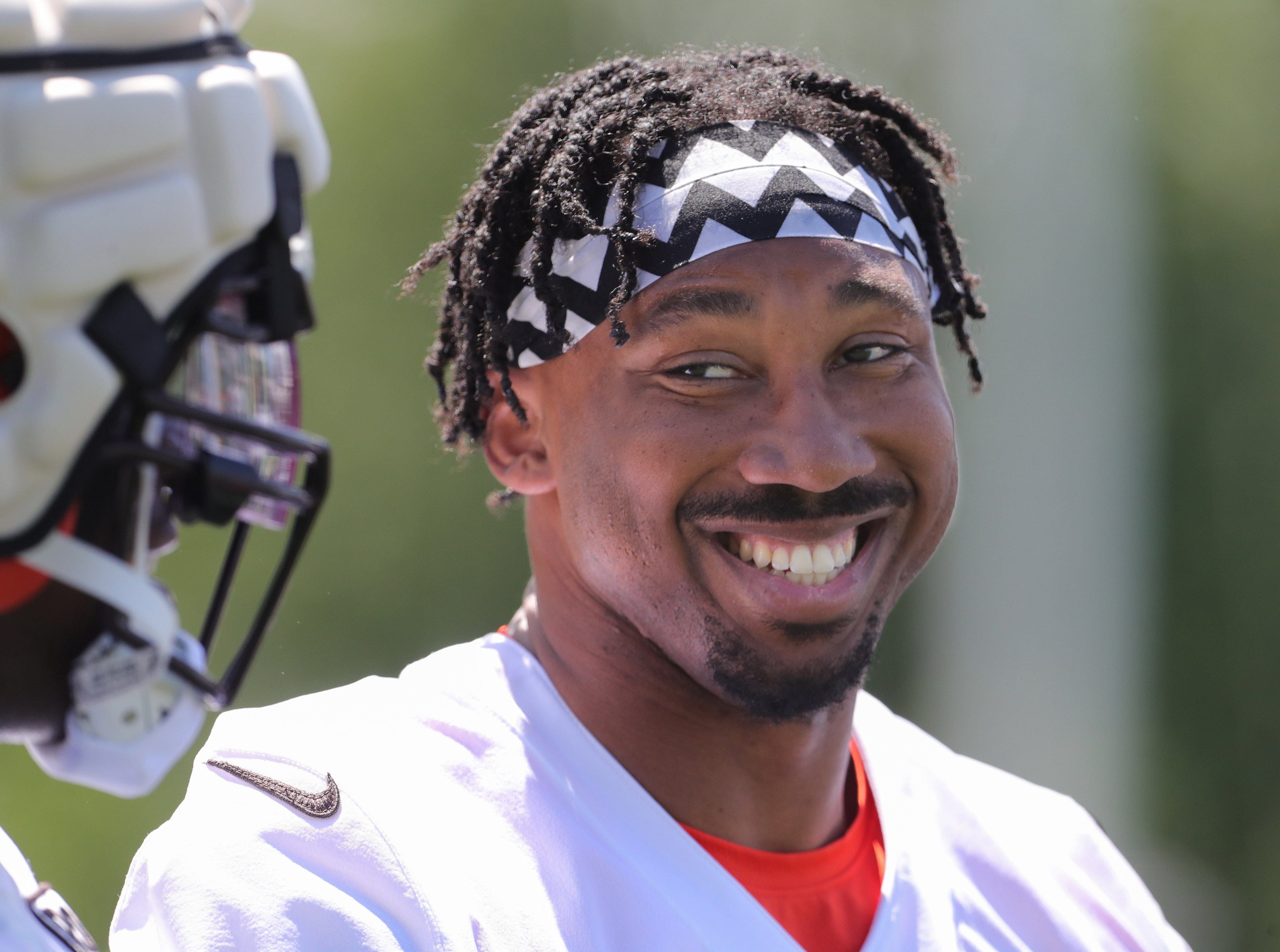 Cleveland Browns defensive end Myles Garrett flashes a smile during training camp. (Credits: IMAGN)