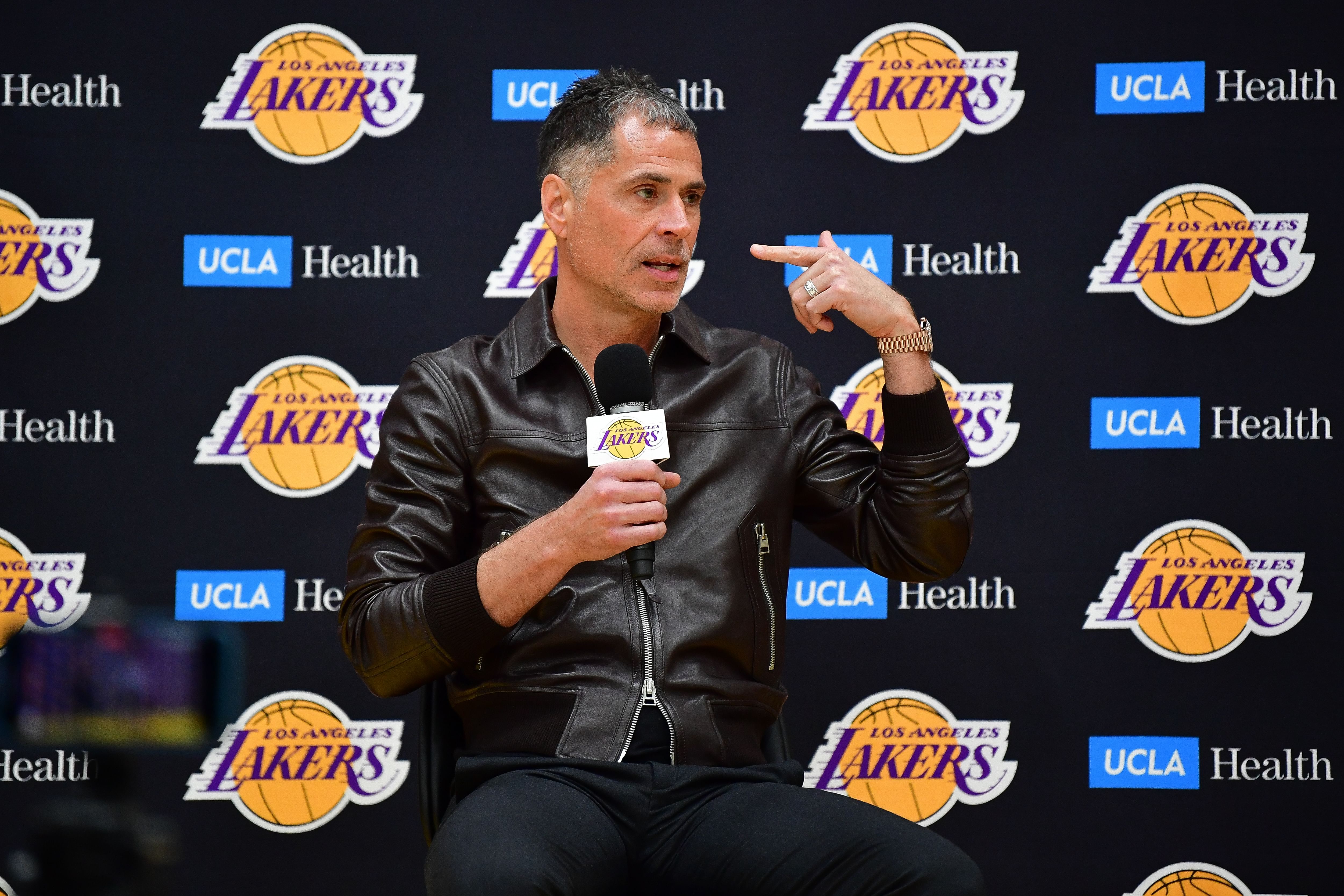 Feb 4, 2025; El Segundo, CA, USA; Los Angeles Lakers vice president of basketball operations and general manager Rob Pelinka introduced guard Luka Doncic at UCLA Health Training Center. Mandatory Credit: Gary A. Vasquez-Imagn Images - Source: Imagn