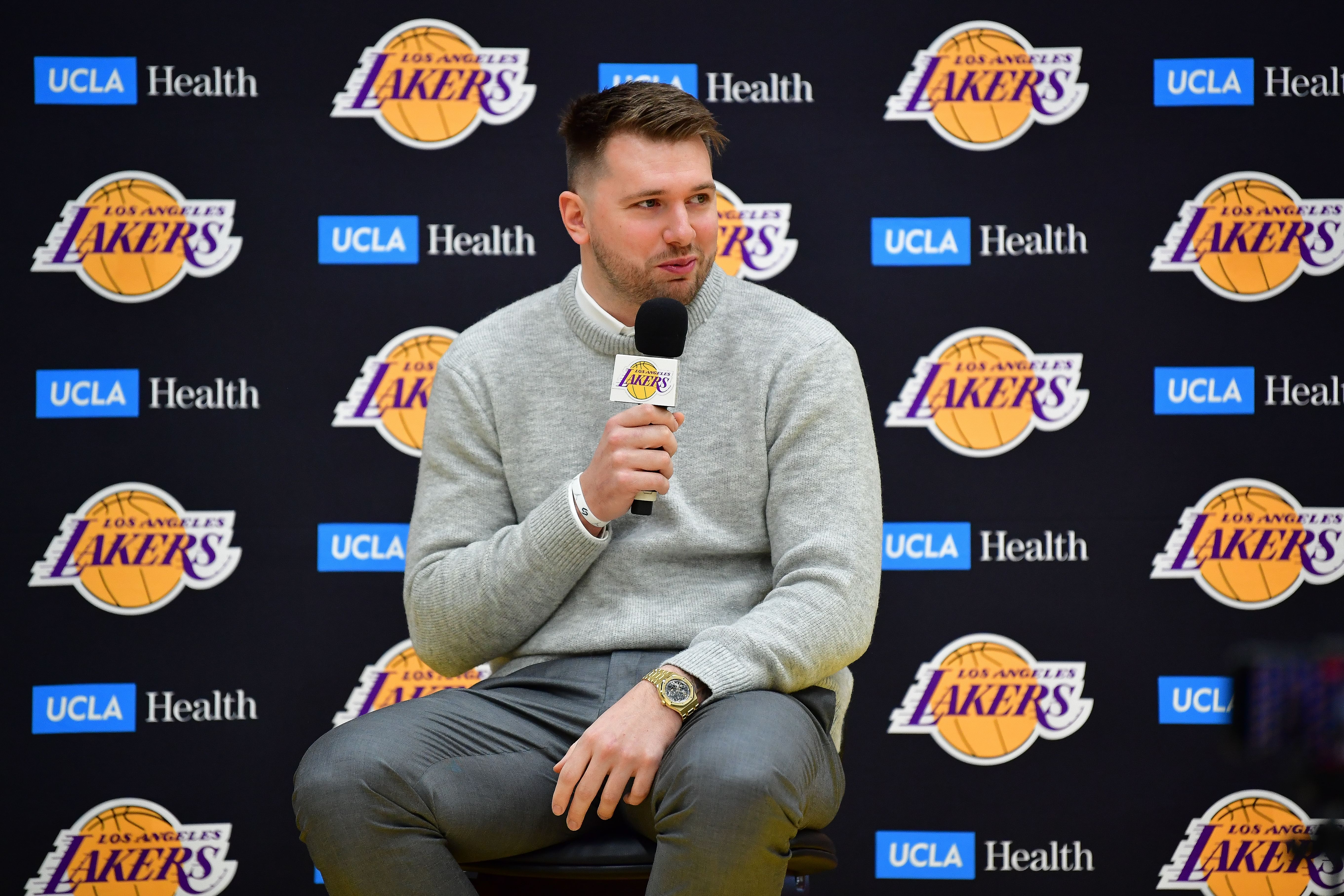 Los Angeles Lakers guard Luka Doncic is introduced at UCLA Health Training Center. Mandatory Credit: Imagn