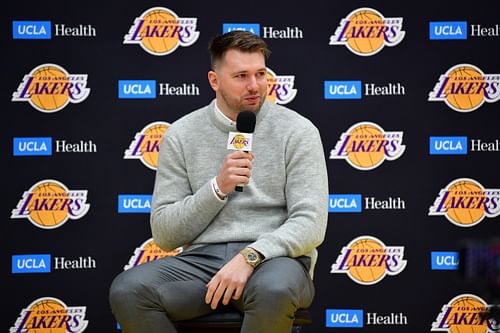 Los Angeles Lakers guard Luka Doncic is introduced at UCLA Health Training Center. Mandatory Credit: Imagn