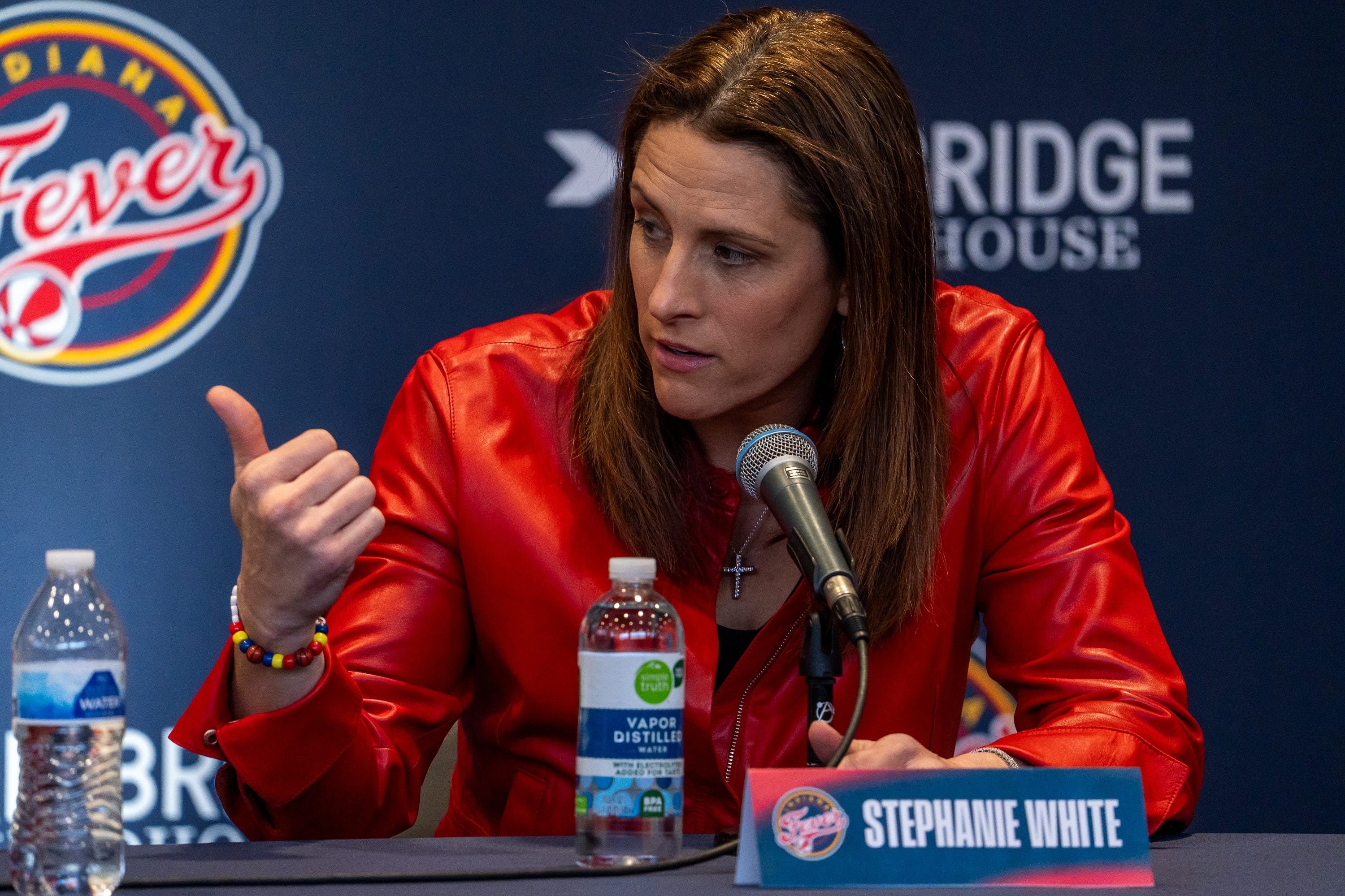 Indiana Fever head coach Stephanie White welcomes Natasha Howard back to the team during a press conference at Gainbridge Fieldhouse. Photo Credit: Imagn