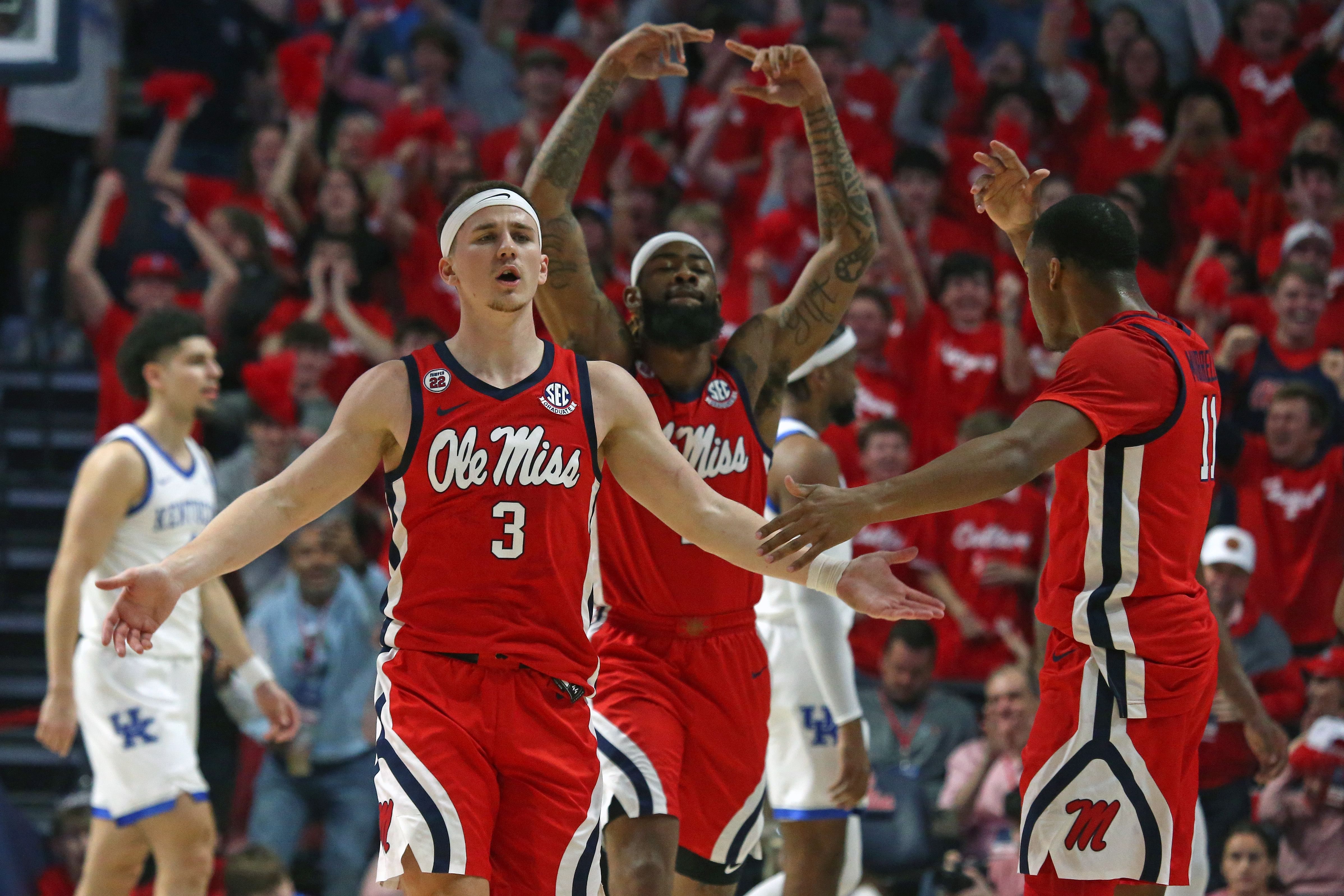 Ole Miss Rebels guard Sean Pedulla (3) reacts with guard Matthew Murrell (11) during the first half against the Kentucky Wildcats at The Sandy and John Black Pavilion at Ole Miss. Photo: Imagn