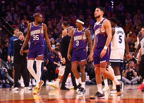 Phoenix Suns forward Kevin Durant with guards Bradley Beal and Devin Booker at Footprint Center. Photo Credit: Imagn