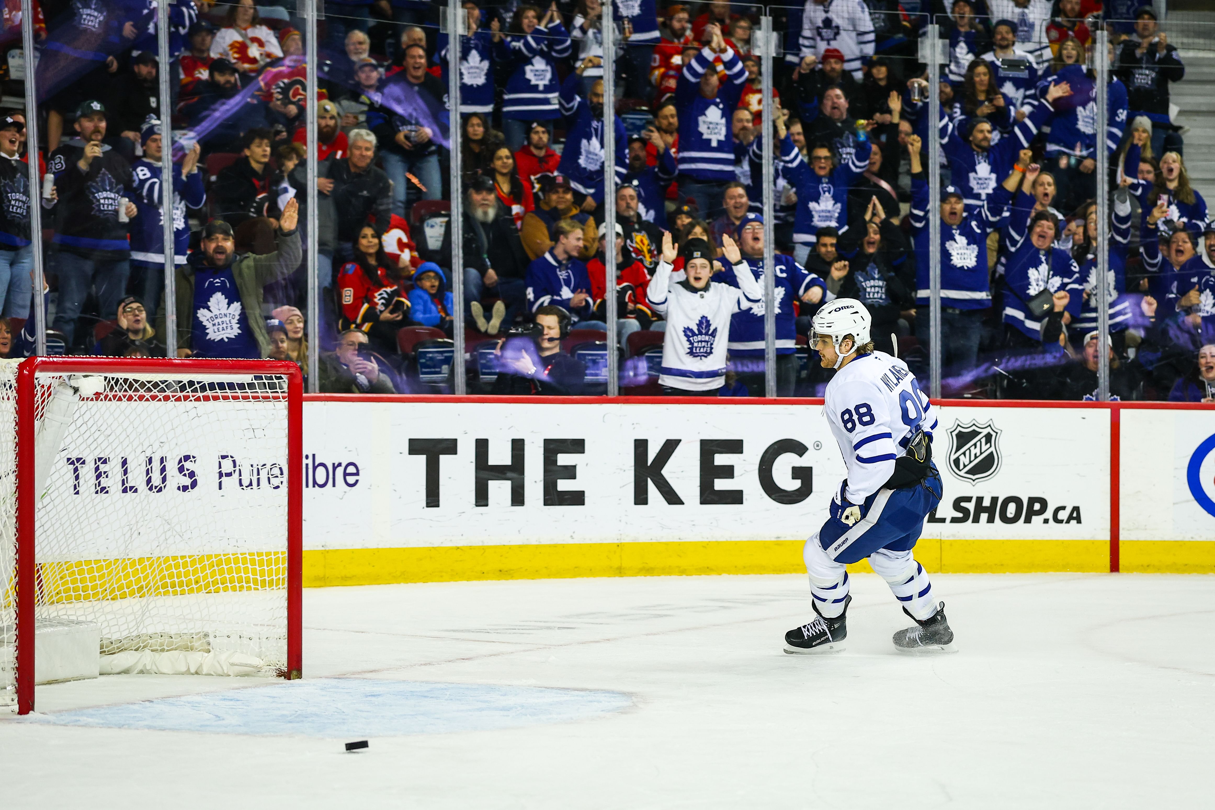 Feb 4, 2025; Calgary, Alberta, CAN; Toronto Maple Leafs right wing William Nylander (88) scores a goal against the Calgary Flames during the third period at Scotiabank Saddledome. Mandatory Credit: Sergei Belski-Imagn Images - Source: Imagn