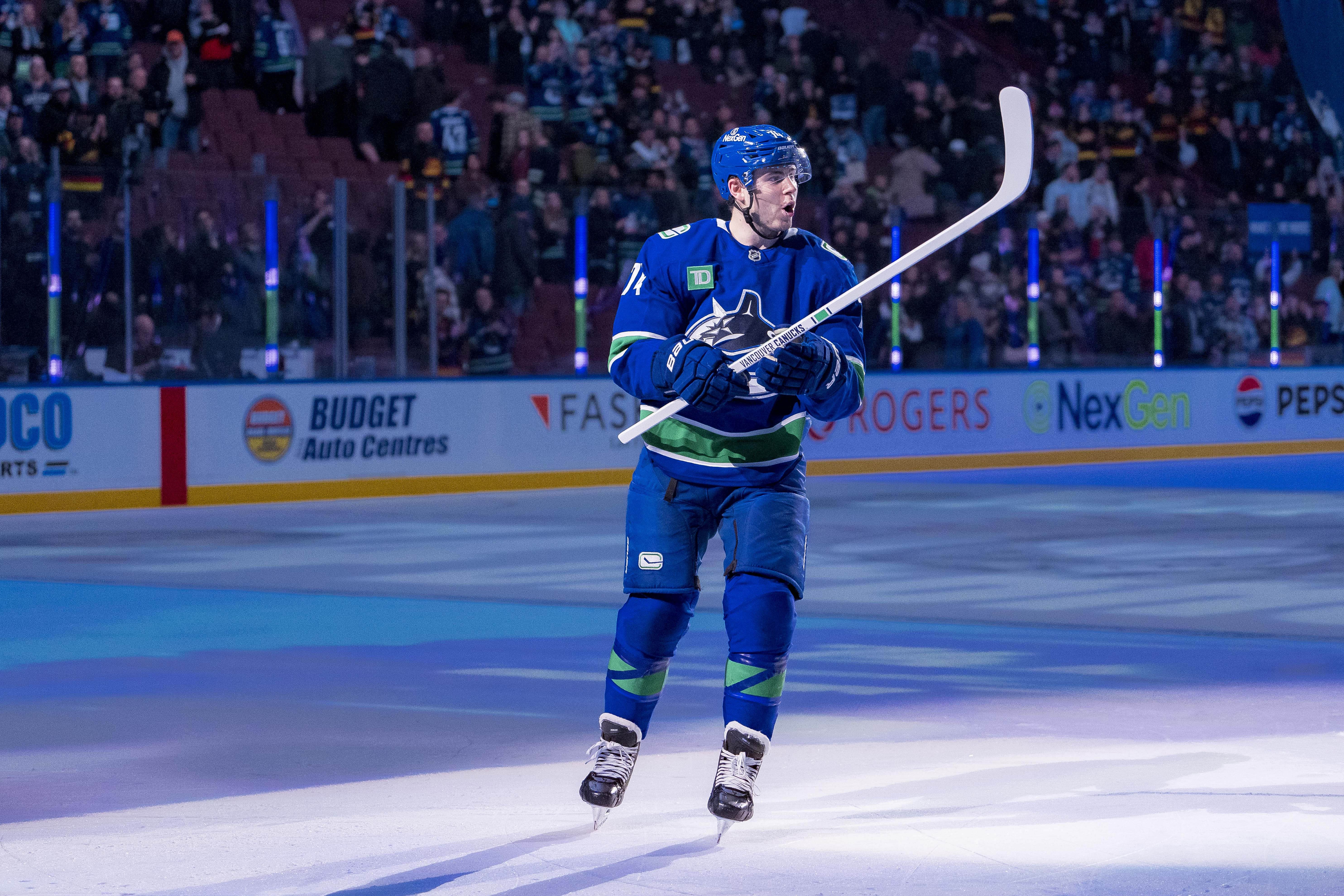 Feb 4, 2025; Vancouver, British Columbia, CAN; Vancouver Canucks forward Jake DeBrusk (74) skates out as the game&rsquo;s second star in the Canucks victory against the Colorado Avalanche at Rogers Arena. Mandatory Credit: Bob Frid-Imagn Images - Source: Imagn