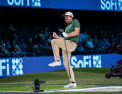 Keegan Bradley of Boston Common Golf reacts to his tee shot against the Los Angeles Golf Club during a TGL match  - Source: Imagn