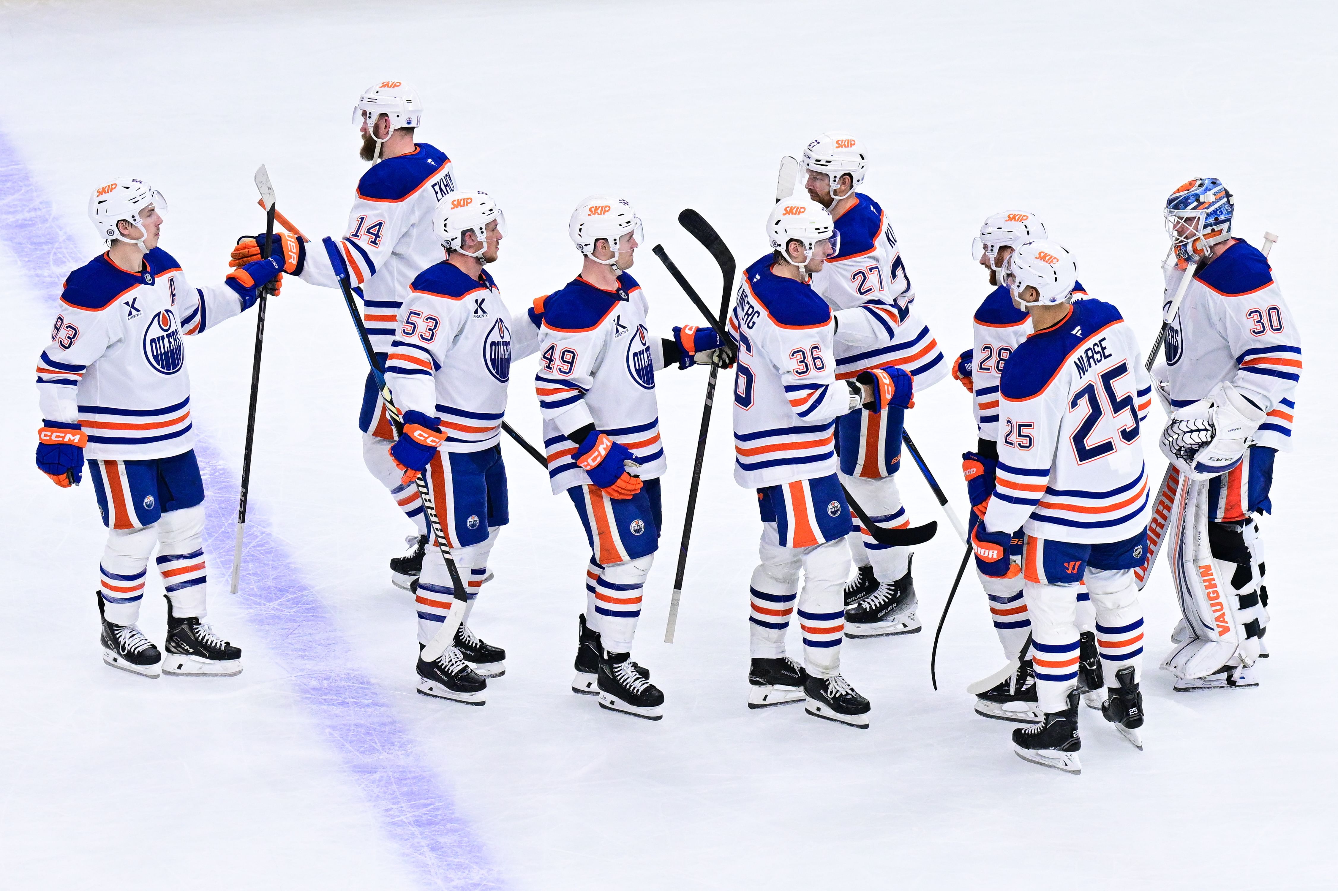 Feb 5, 2025; Chicago, Illinois, USA; The Edmonton Oilers celebrate their win against the Chicago Blackhawks after the game at the United Center. Mandatory Credit: Daniel Bartel-Imagn Images - Source: Imagn