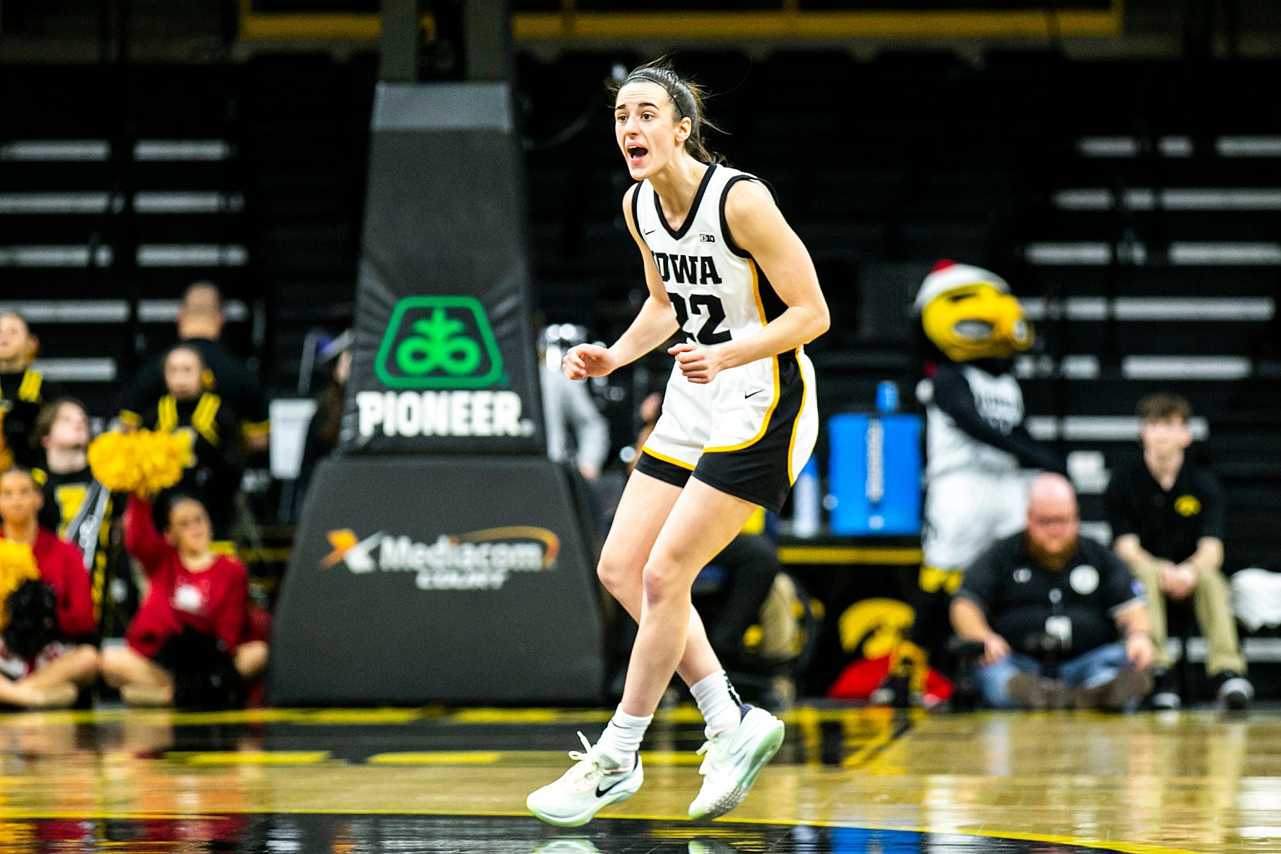 Iowa guard Caitlin Clark (22) reacts during a NCAA women