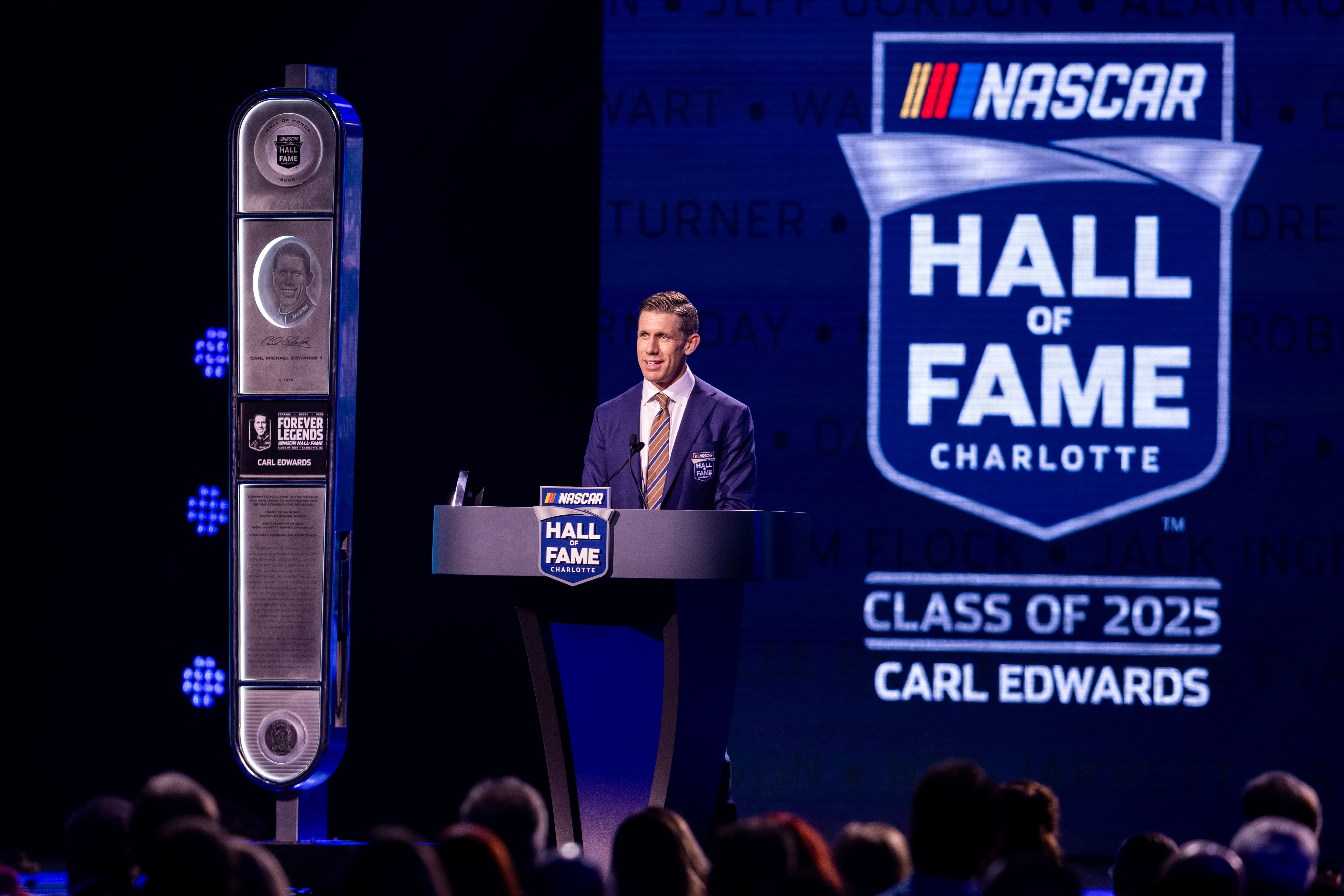 Carl Edwards accepts his induction into the NASCAR Hall Of Fame at Charlotte Convention Center Crown Ballroom - Source: Imagn