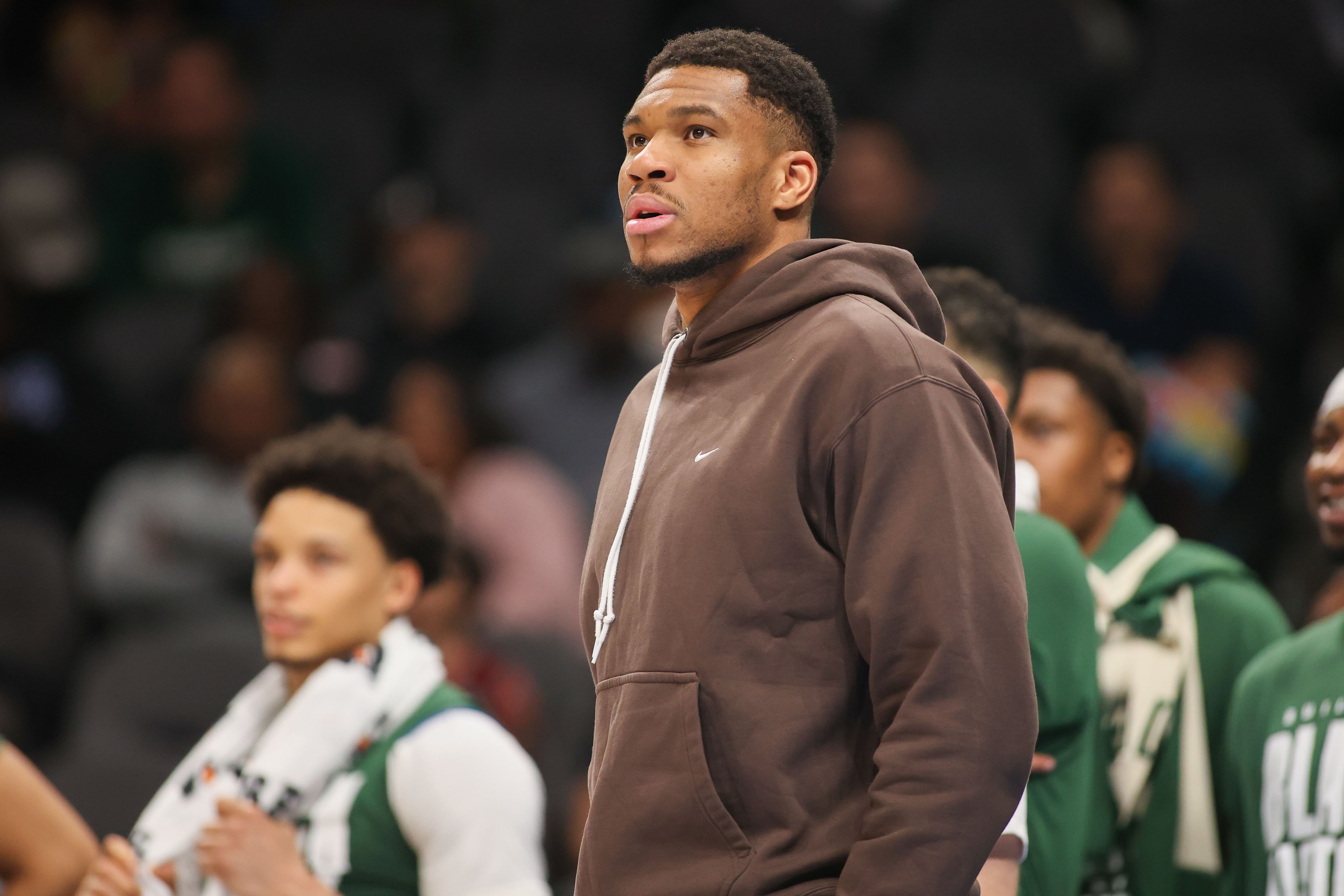 Milwaukee Bucks forward Giannis Antetokounmpo on the sideline against the Atlanta Hawks at State Farm Arena. Photo Credit: Imagn