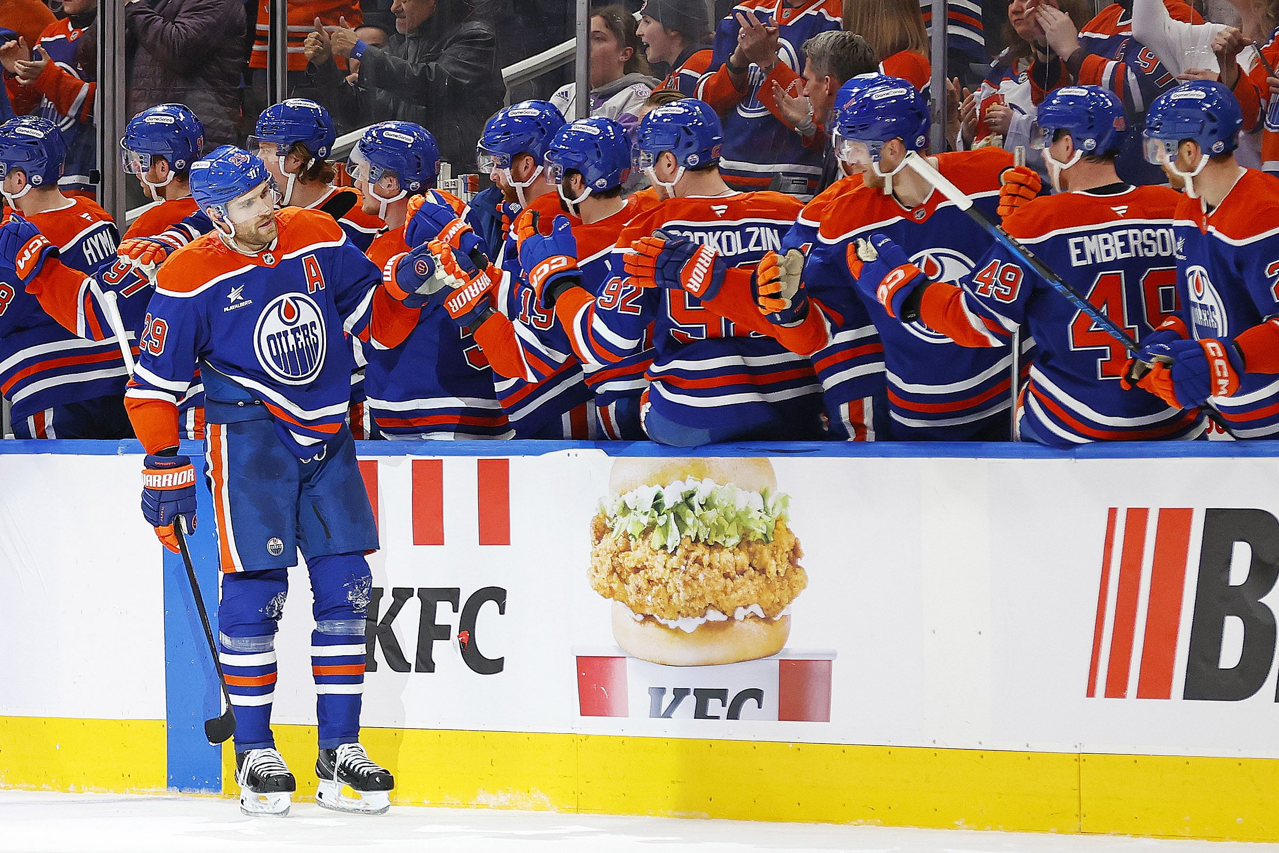 Feb 7, 2025; Edmonton, Alberta, CAN; The Edmonton Oilers celebrate a goal scored by forward Leon Draisaitl (29), his 40th goal of the season scored during the second period against the Colorado Avalanche at Rogers Place. Mandatory Credit: Perry Nelson-Imagn Images - Source: Imagn